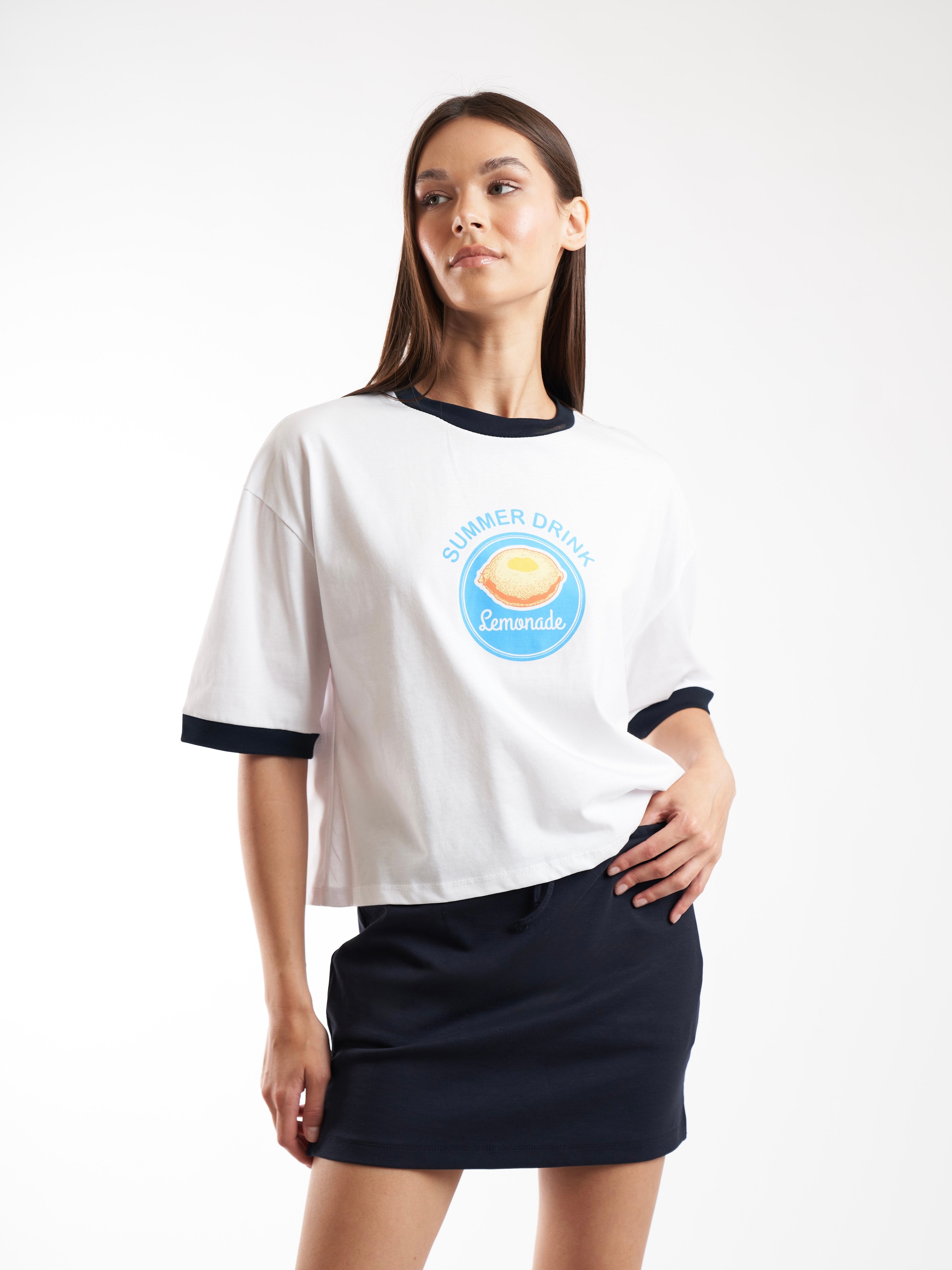 Baskılı Kısa Kol T-shirt Beyaz-Lacivert