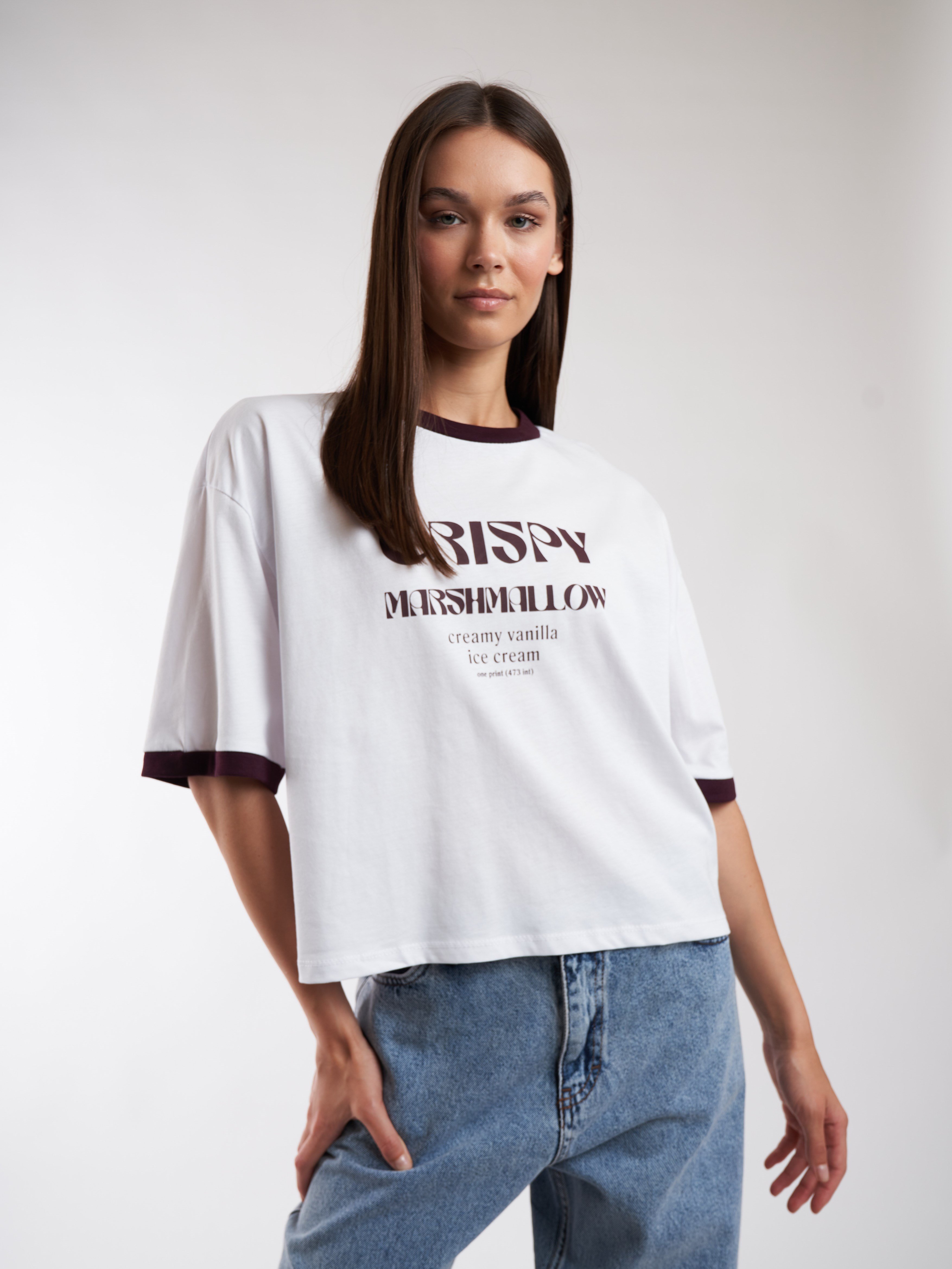 Baskılı Kısa Kol T-shirt Beyaz-Mürdüm