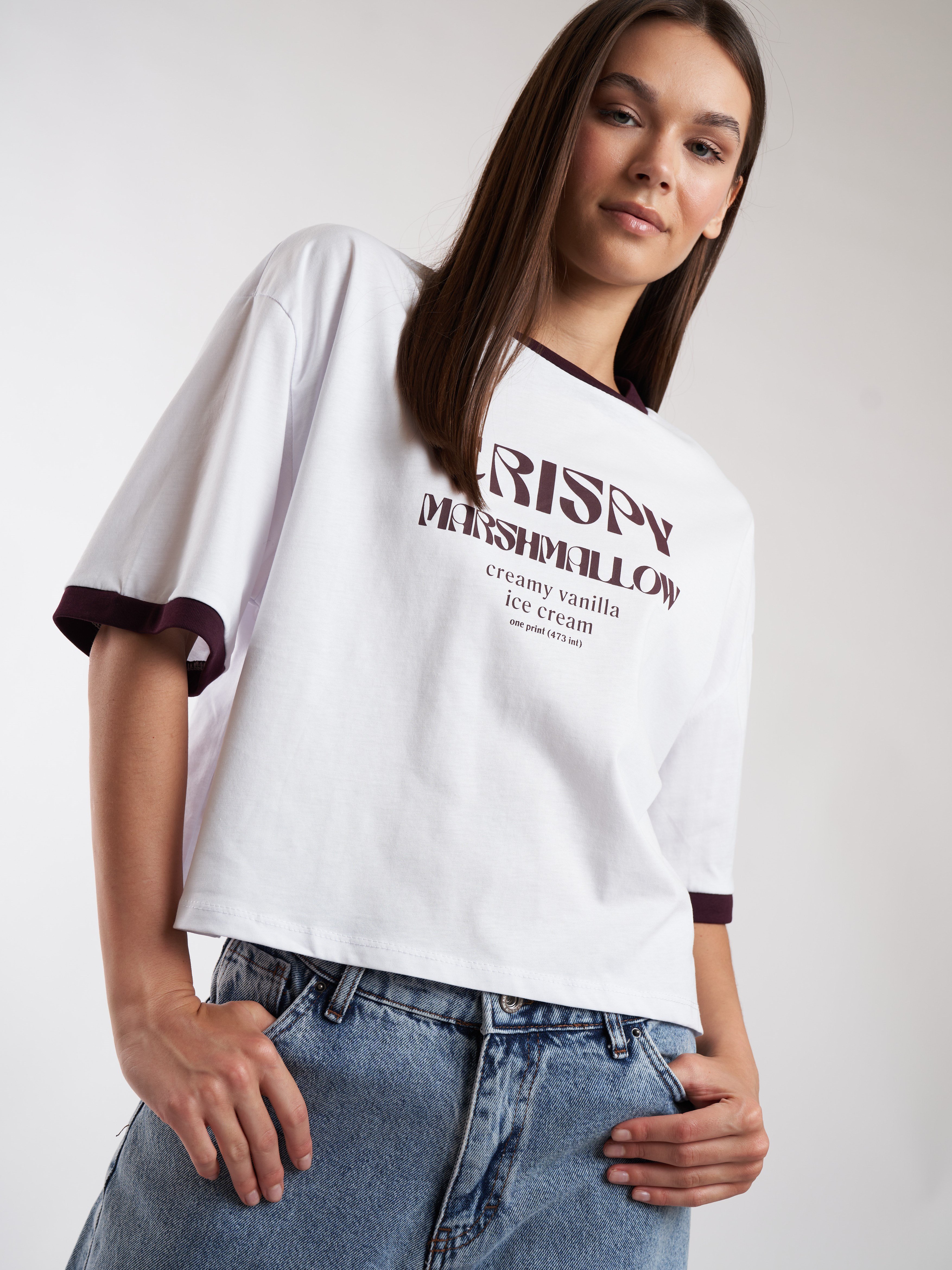 Baskılı Kısa Kol T-shirt Beyaz-Mürdüm
