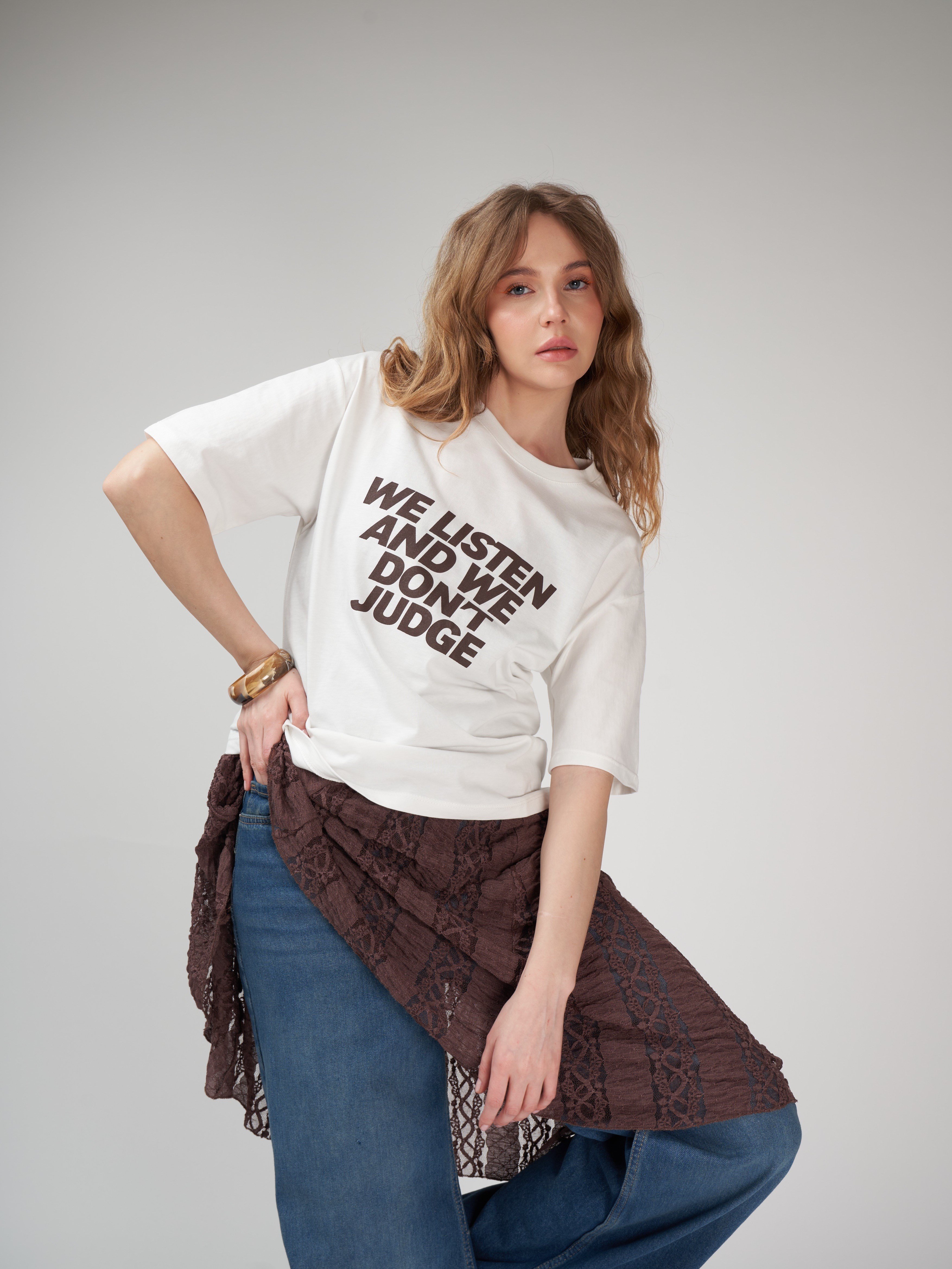 Baskılı Kısa Kol T-shirt Ekru