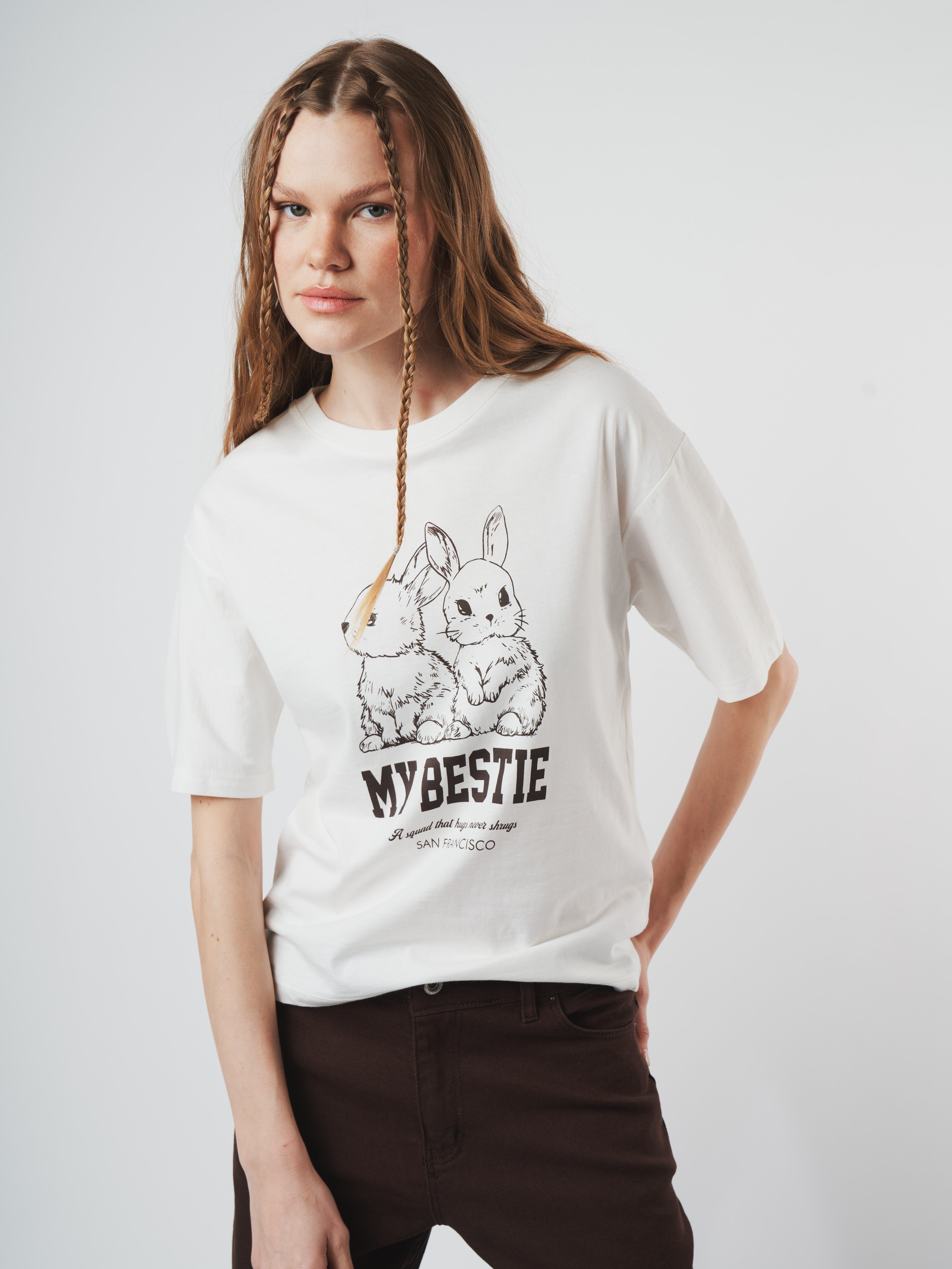 Baskılı Kısa Kol T-shirt Ekru
