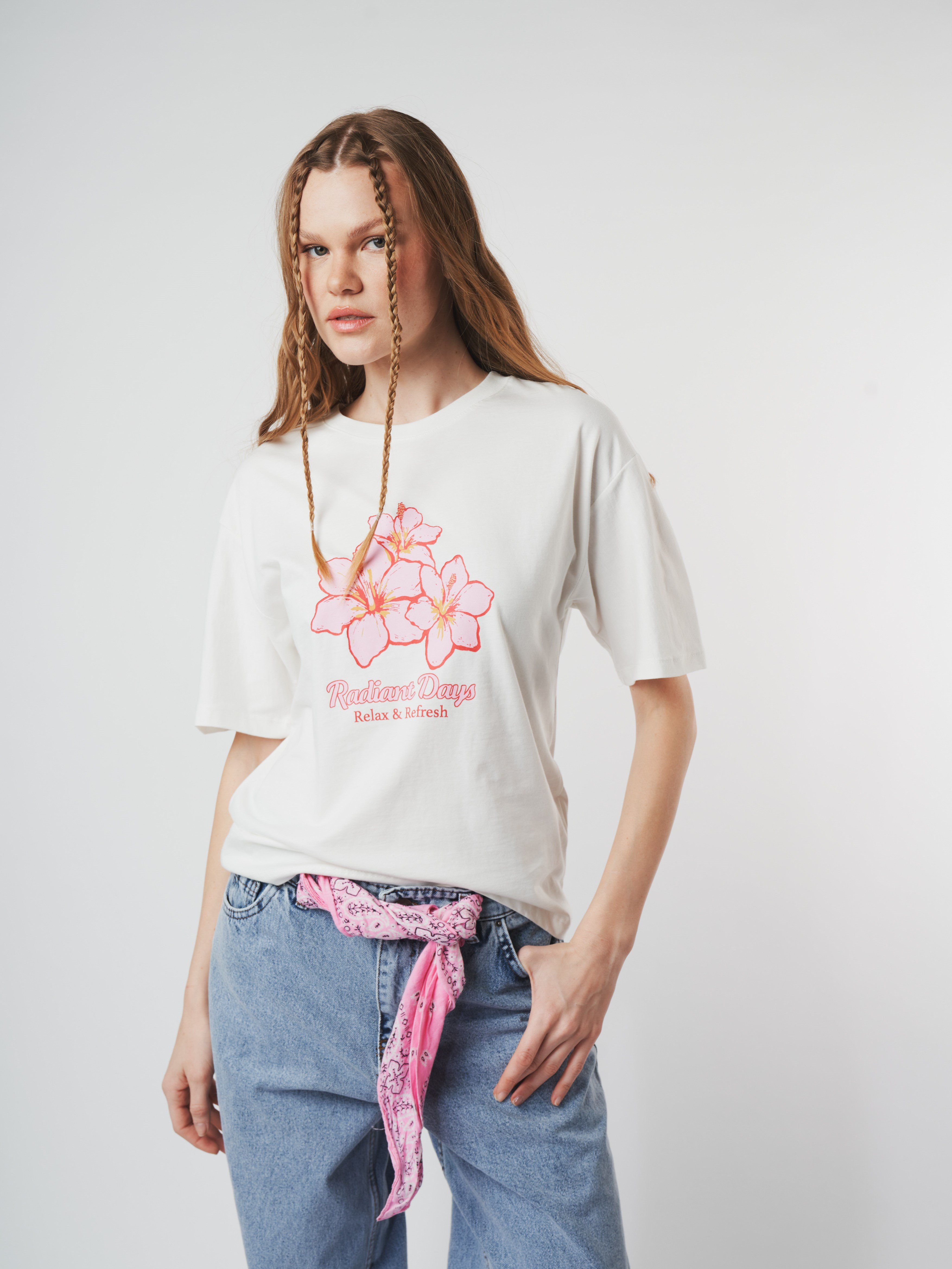 Baskılı Kısa Kol T-shirt Ekru