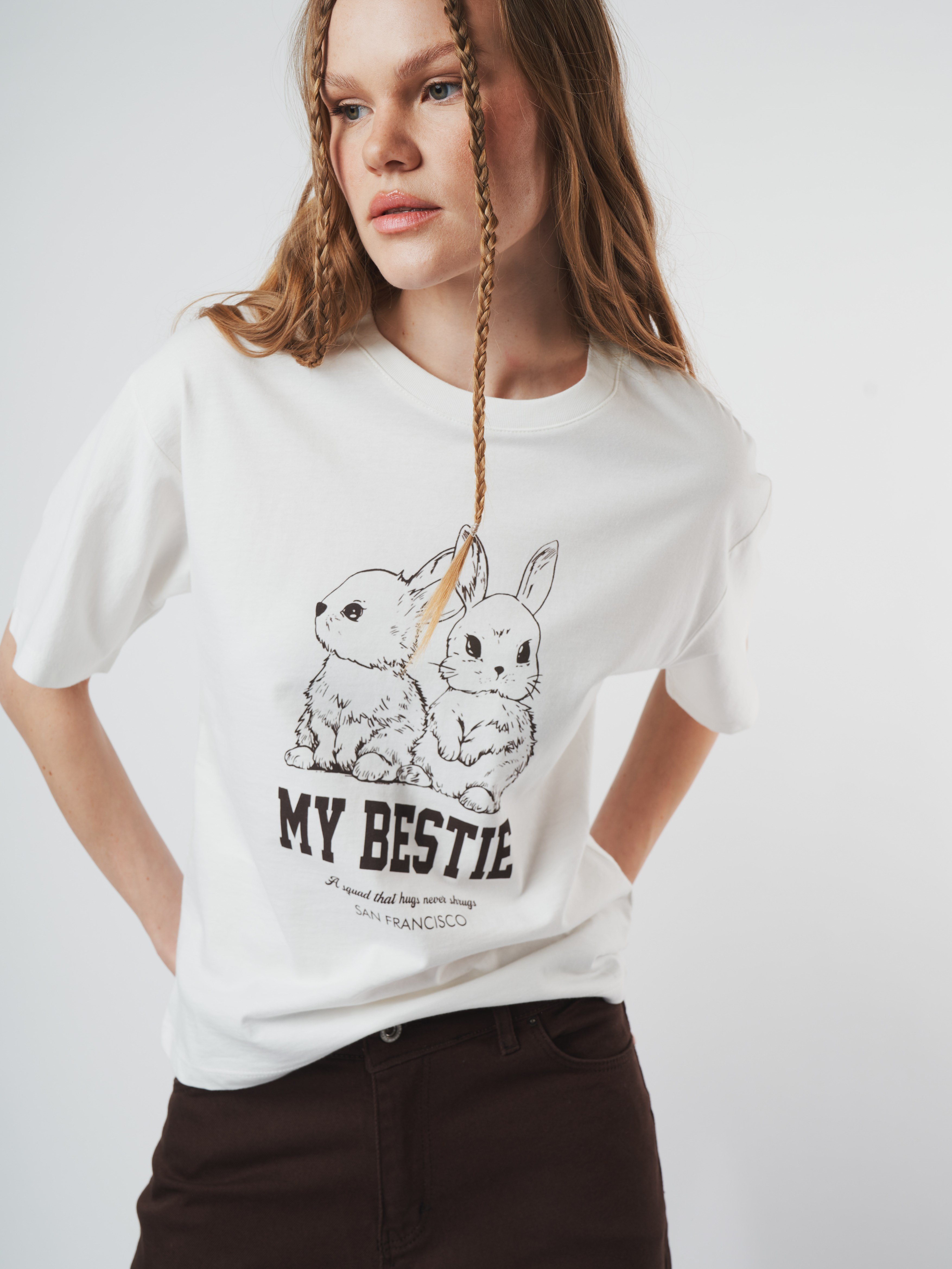 Baskılı Kısa Kol T-shirt Ekru