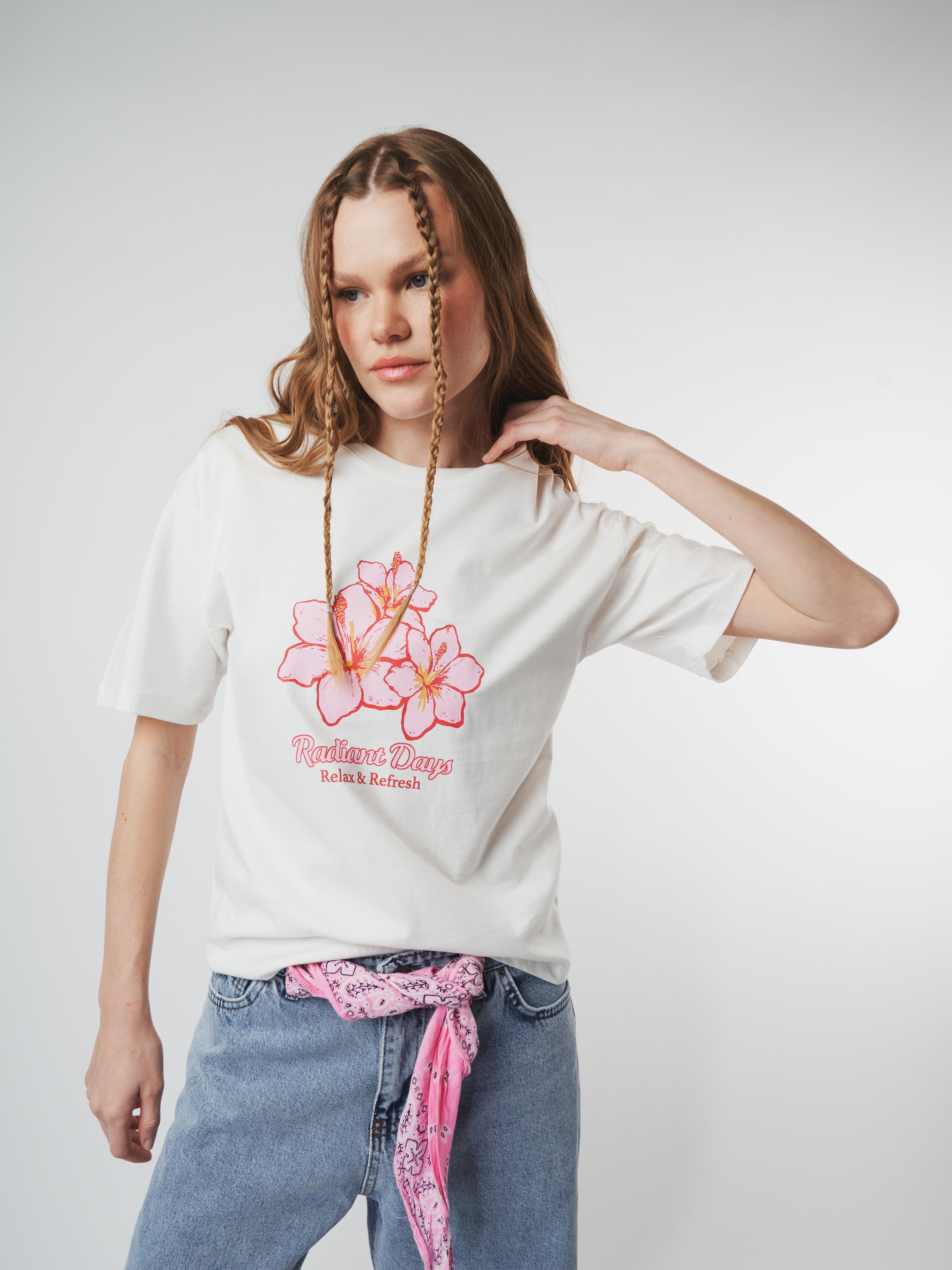 Baskılı Kısa Kol T-shirt Ekru