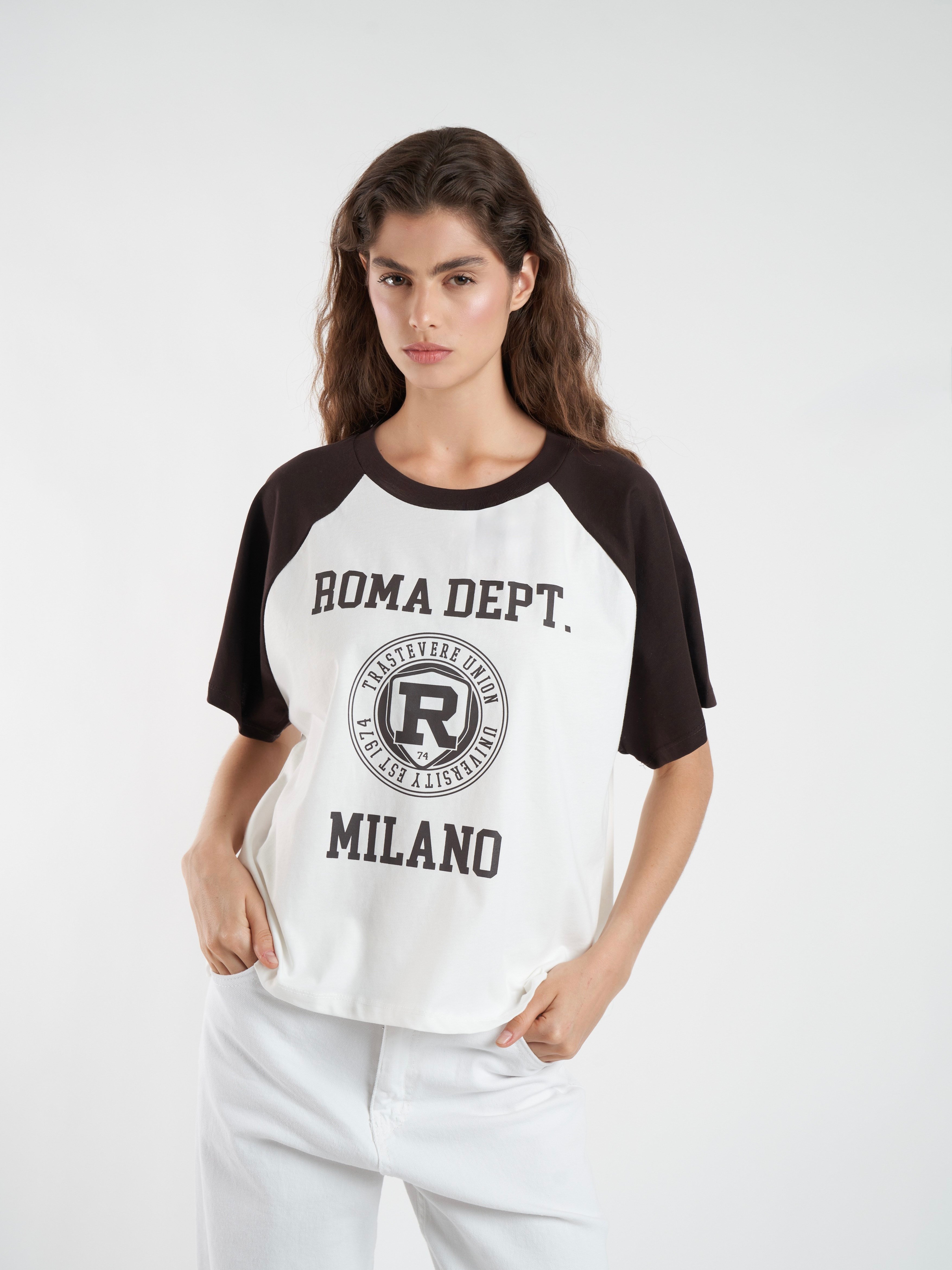 Baskılı Kısa Kol T-shirt Ekru-Kahve