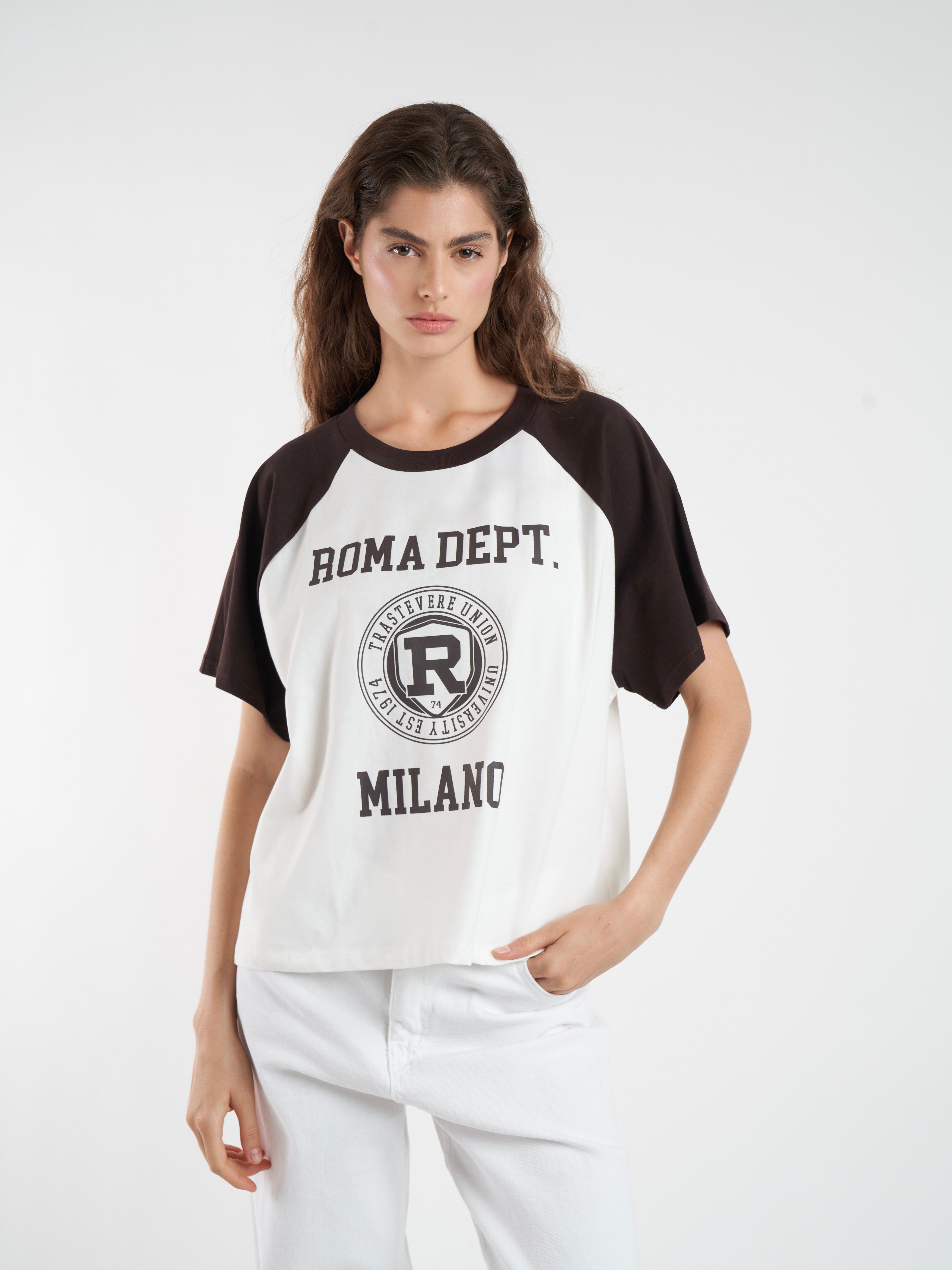 Baskılı Kısa Kol T-shirt Ekru-Kahve
