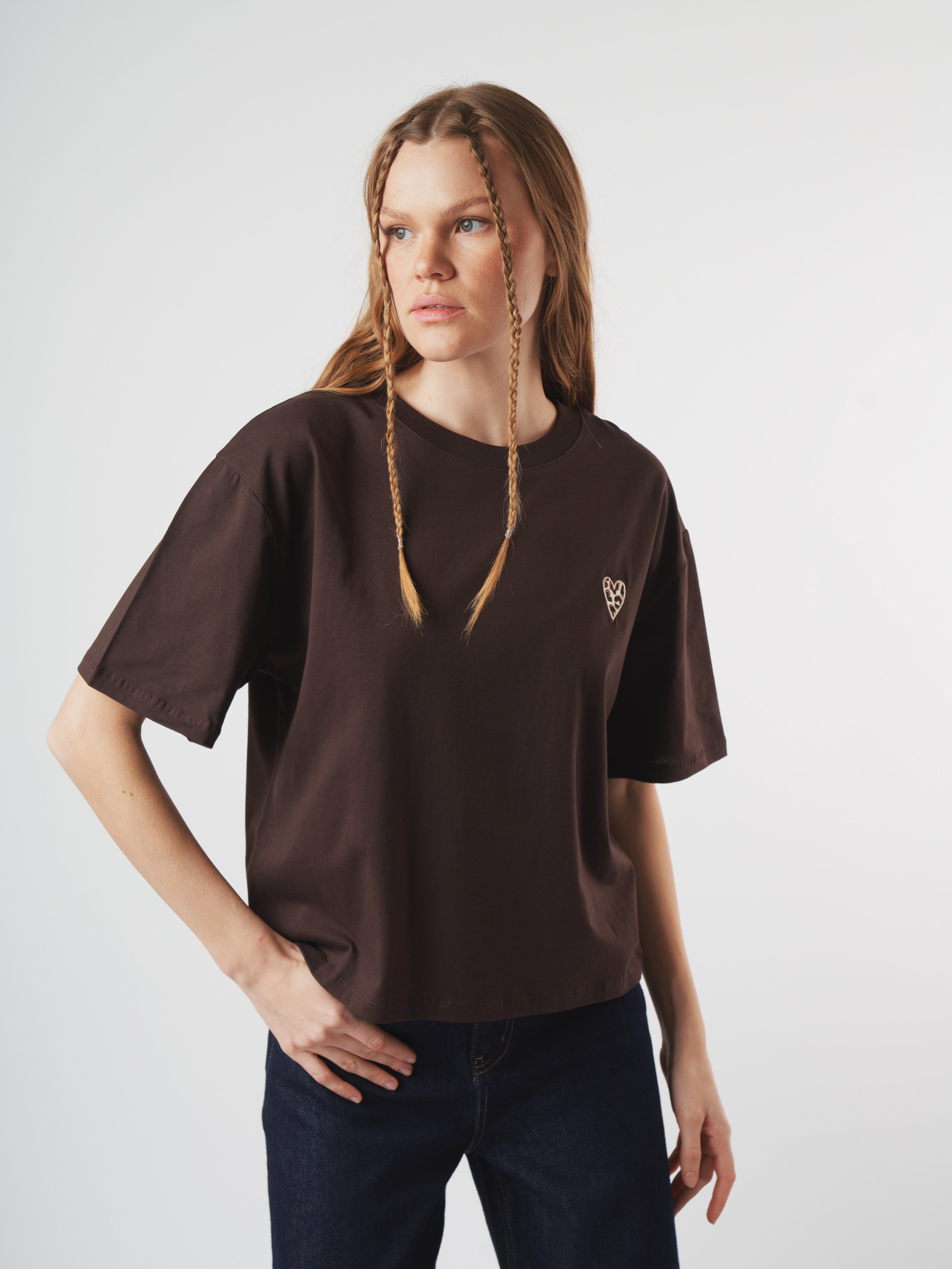 Baskılı Kısa Kol T-shirt Kahve