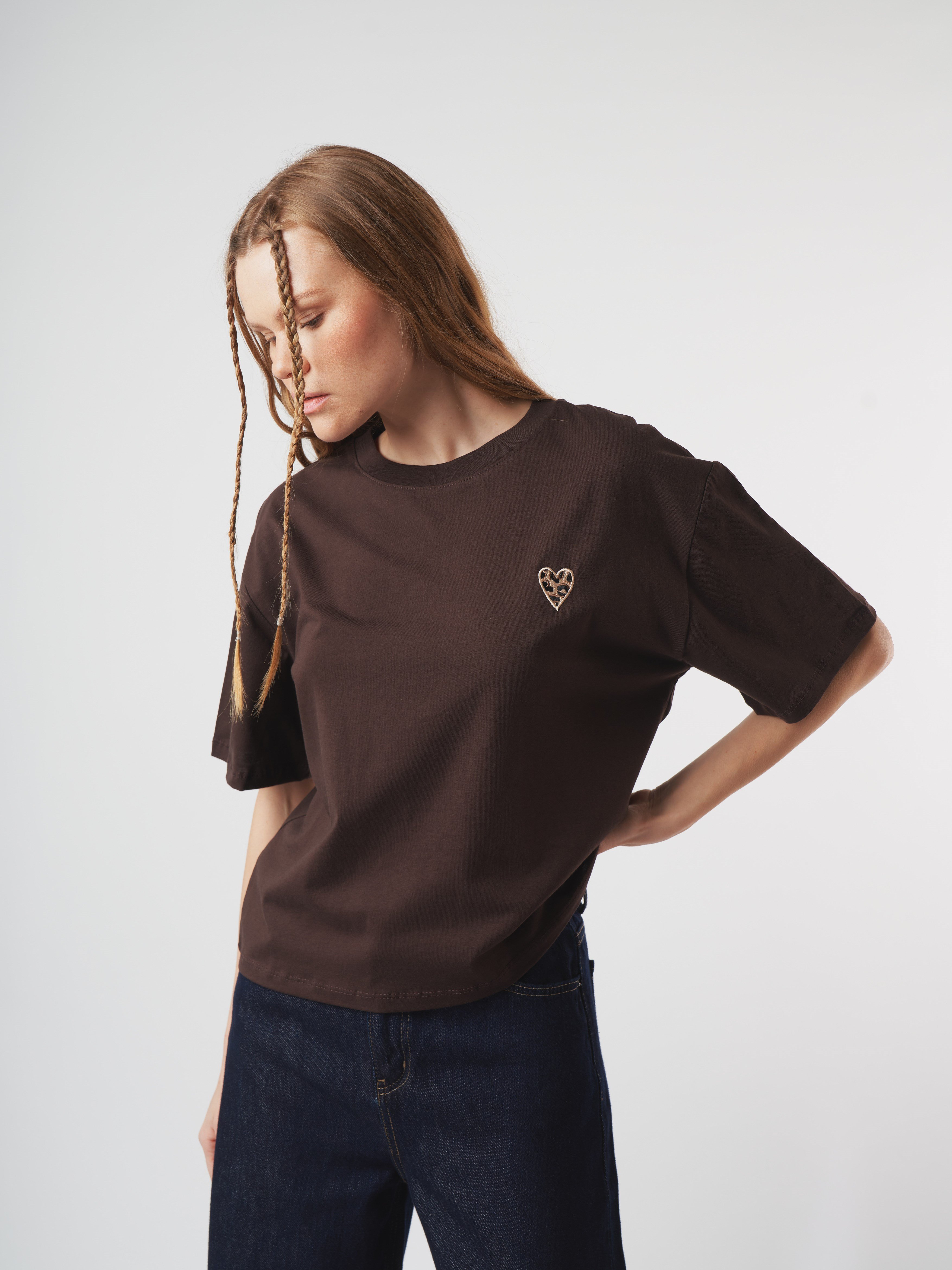 Baskılı Kısa Kol T-shirt Kahve