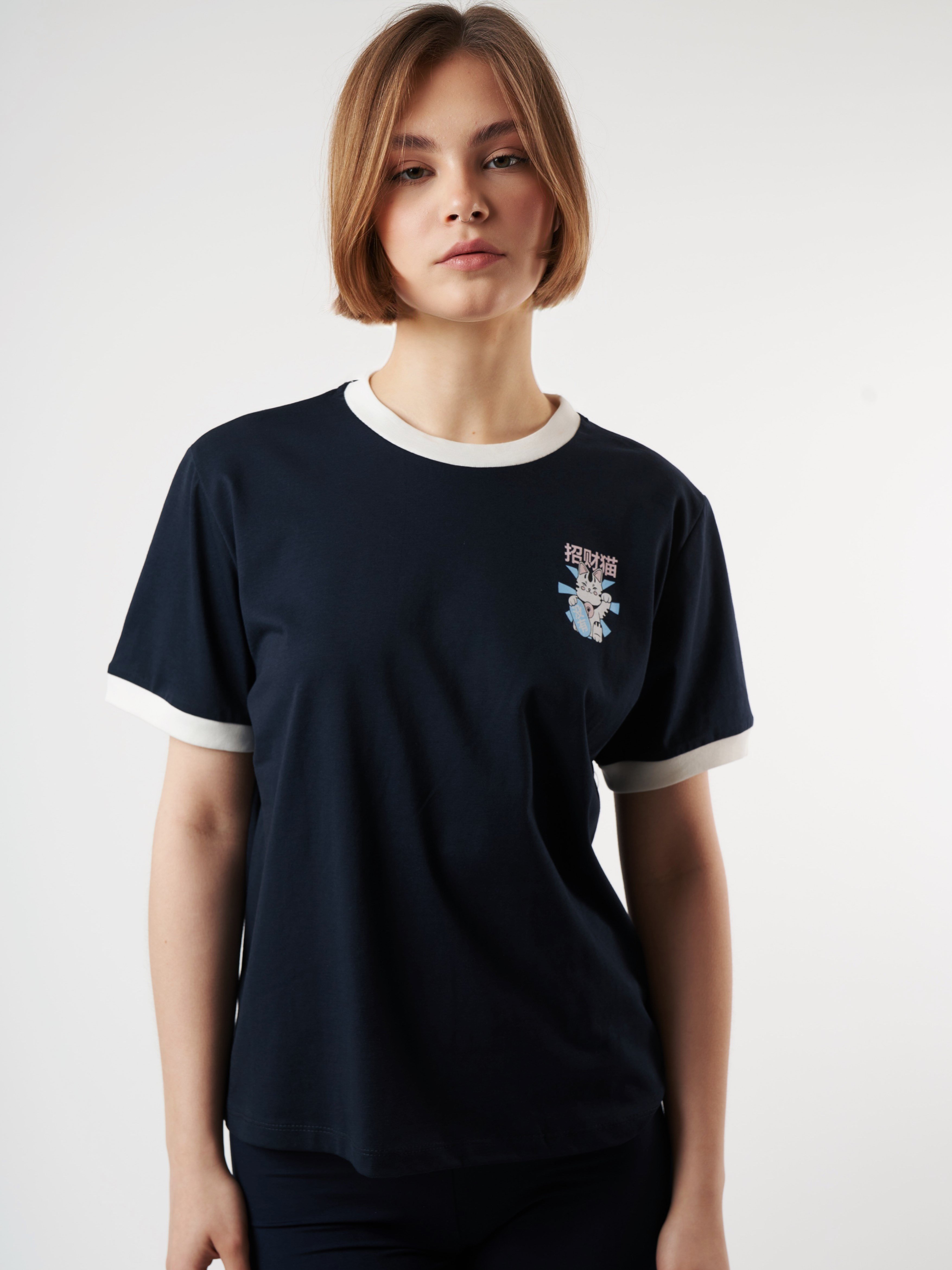 Baskılı Kısa Kol T-shirt Lacivert-Ekru