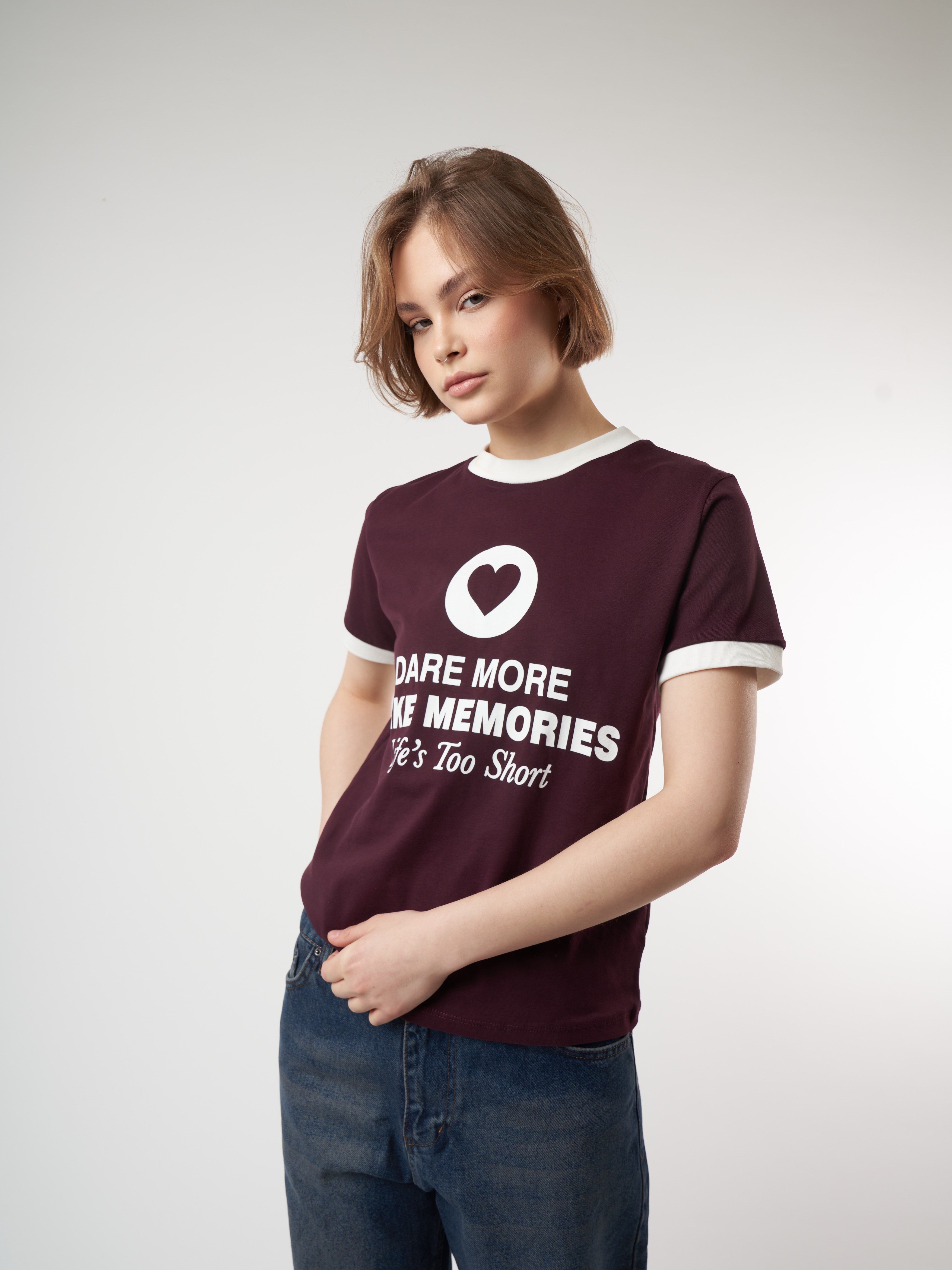 Baskılı Kısa Kol T-shirt Mürdüm-Ekru