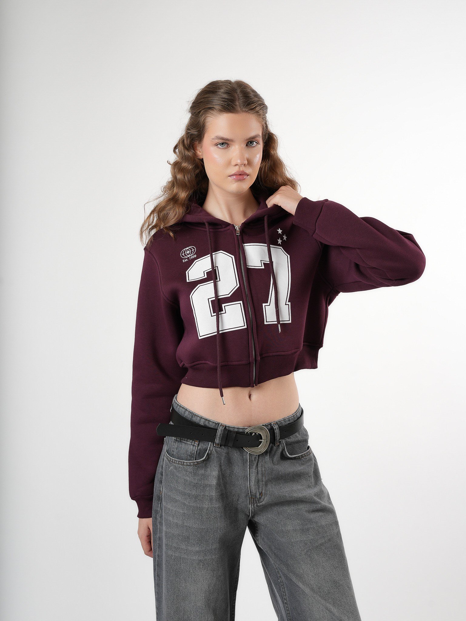 Baskılı Kısa Sweatshirt Mürdüm