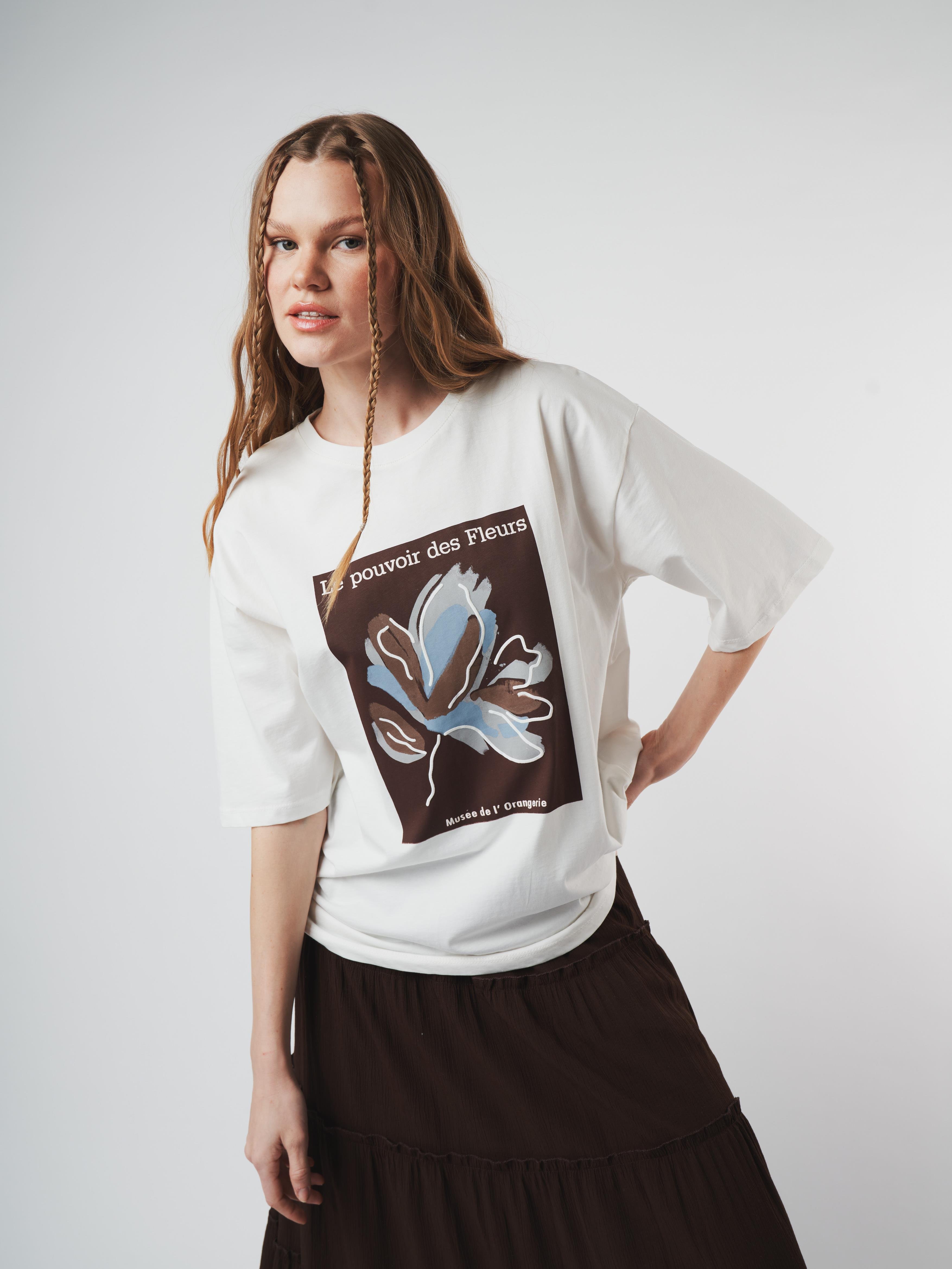 Baskılı Oversize Kısa Kol T-shirt Ekru