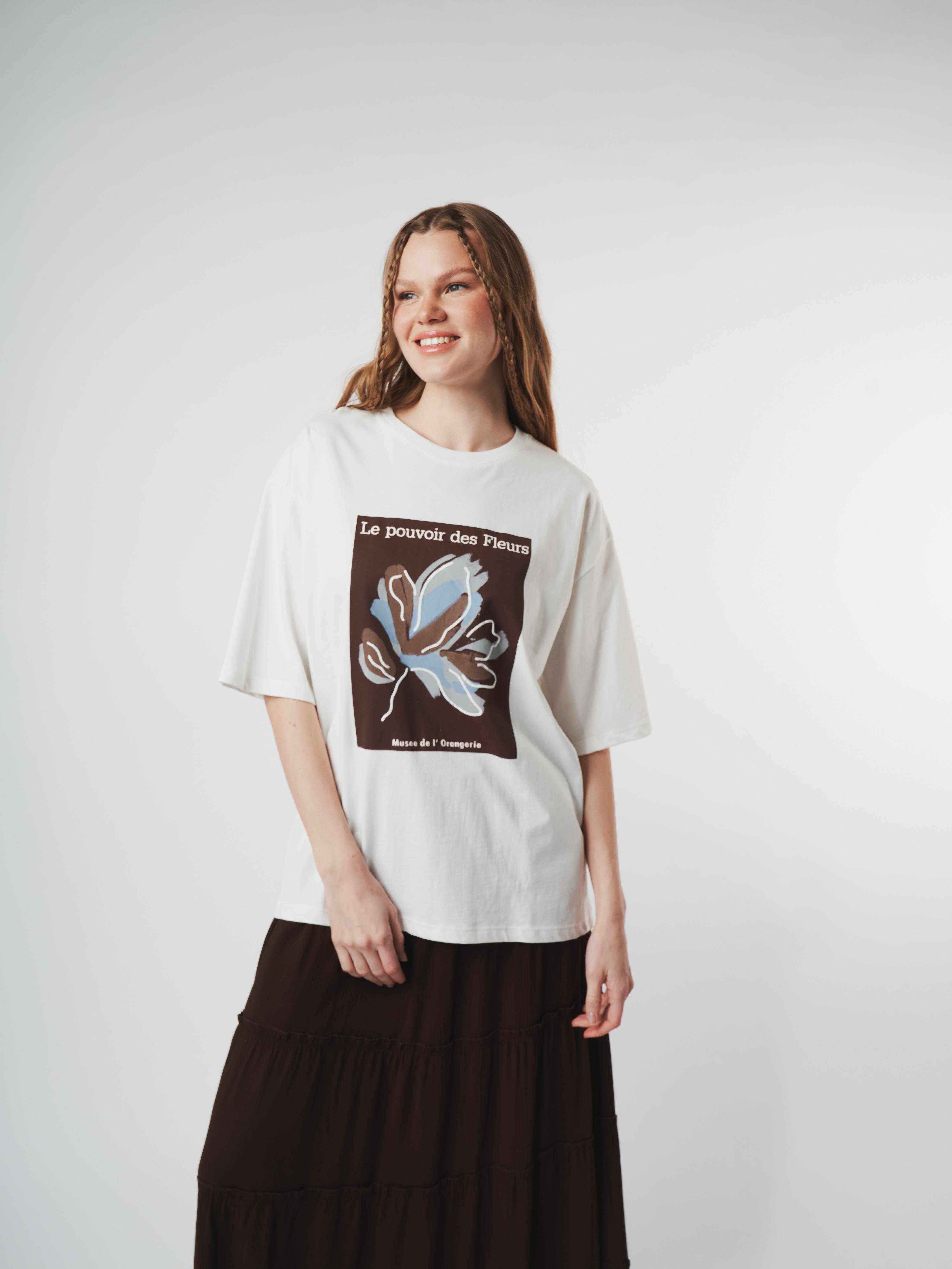 Baskılı Oversize Kısa Kol T-shirt Ekru