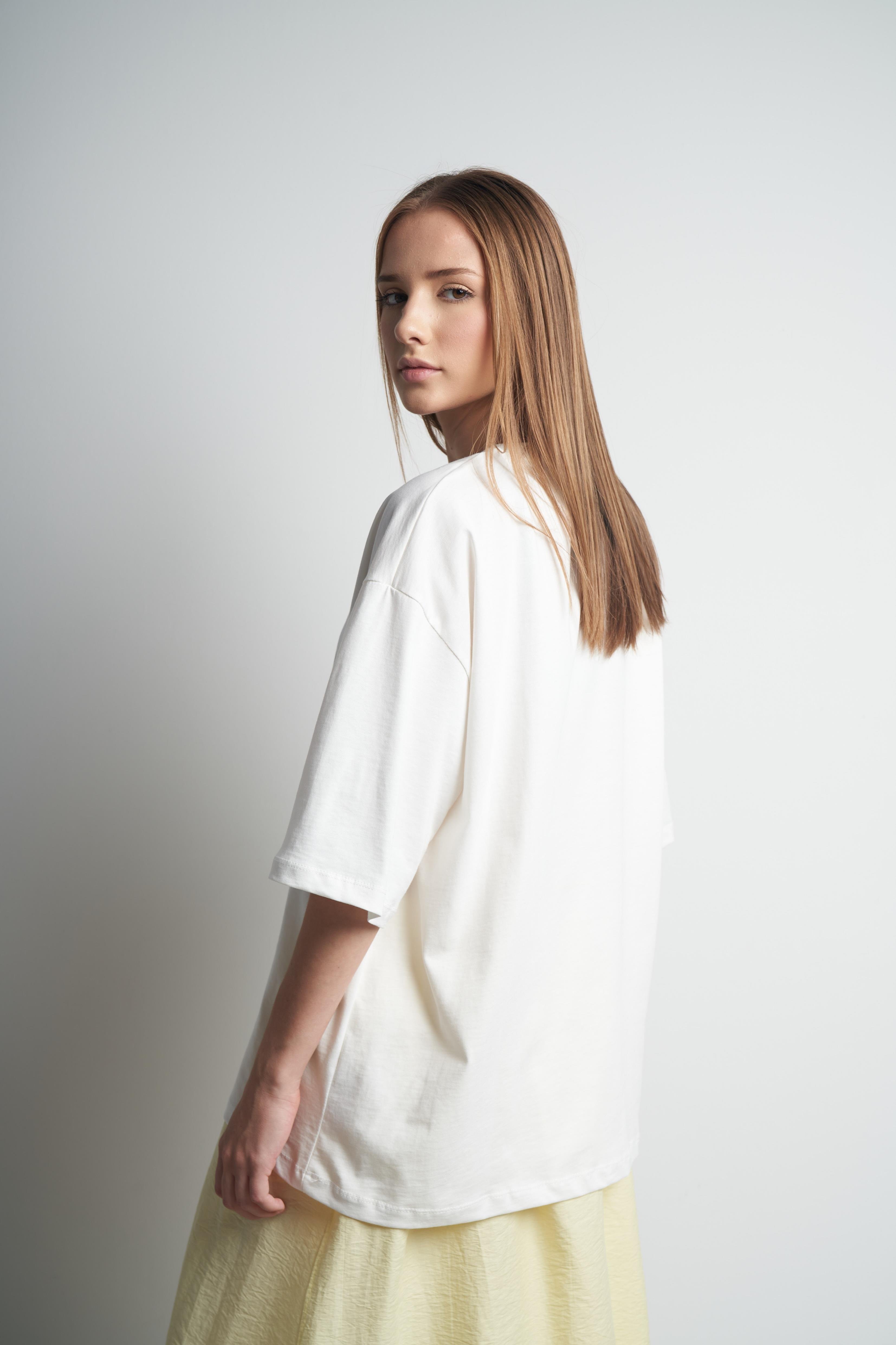 Baskılı Oversize Kısa Kol T-shirt Ekru