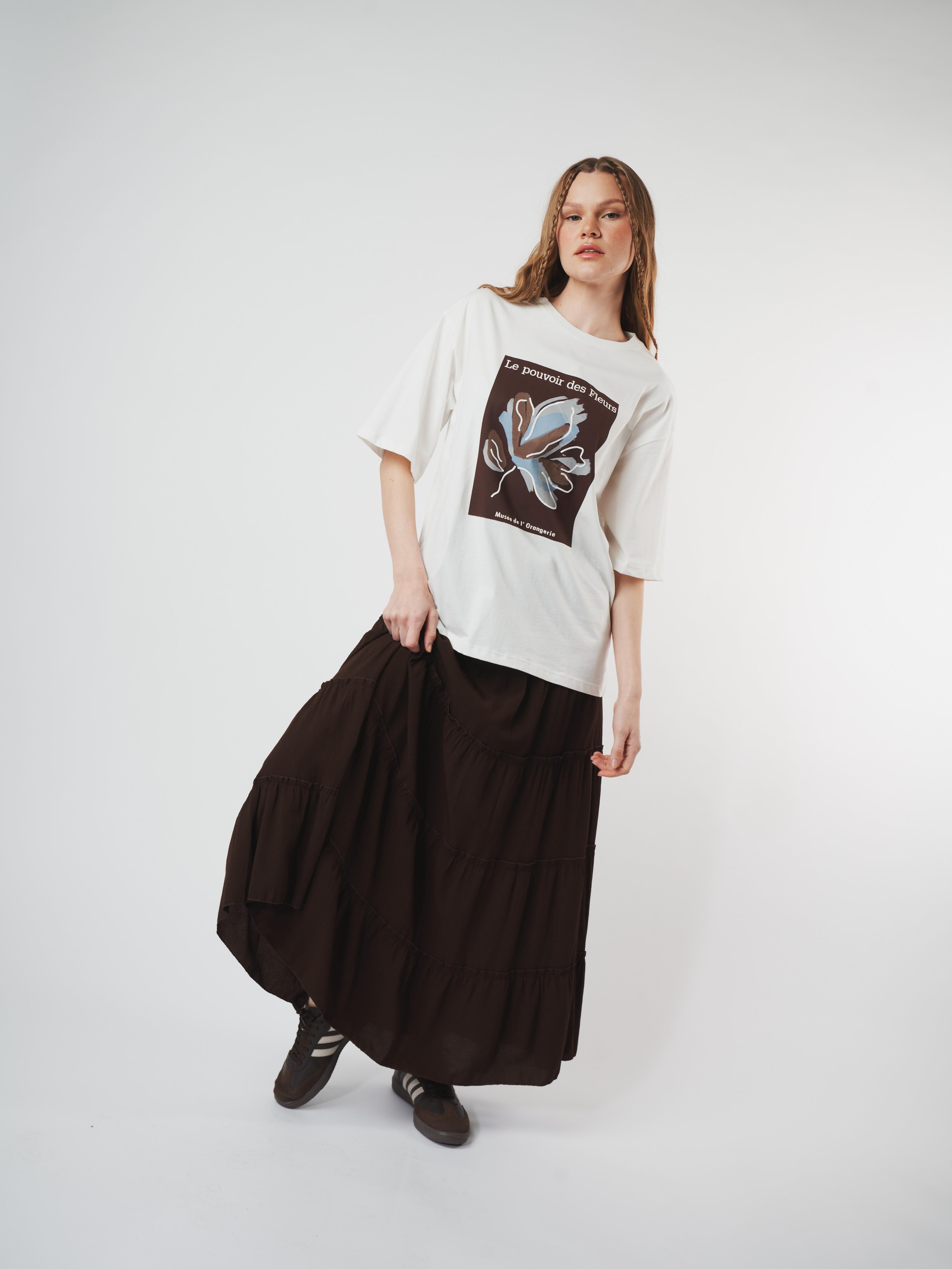 Baskılı Oversize Kısa Kol T-shirt Ekru
