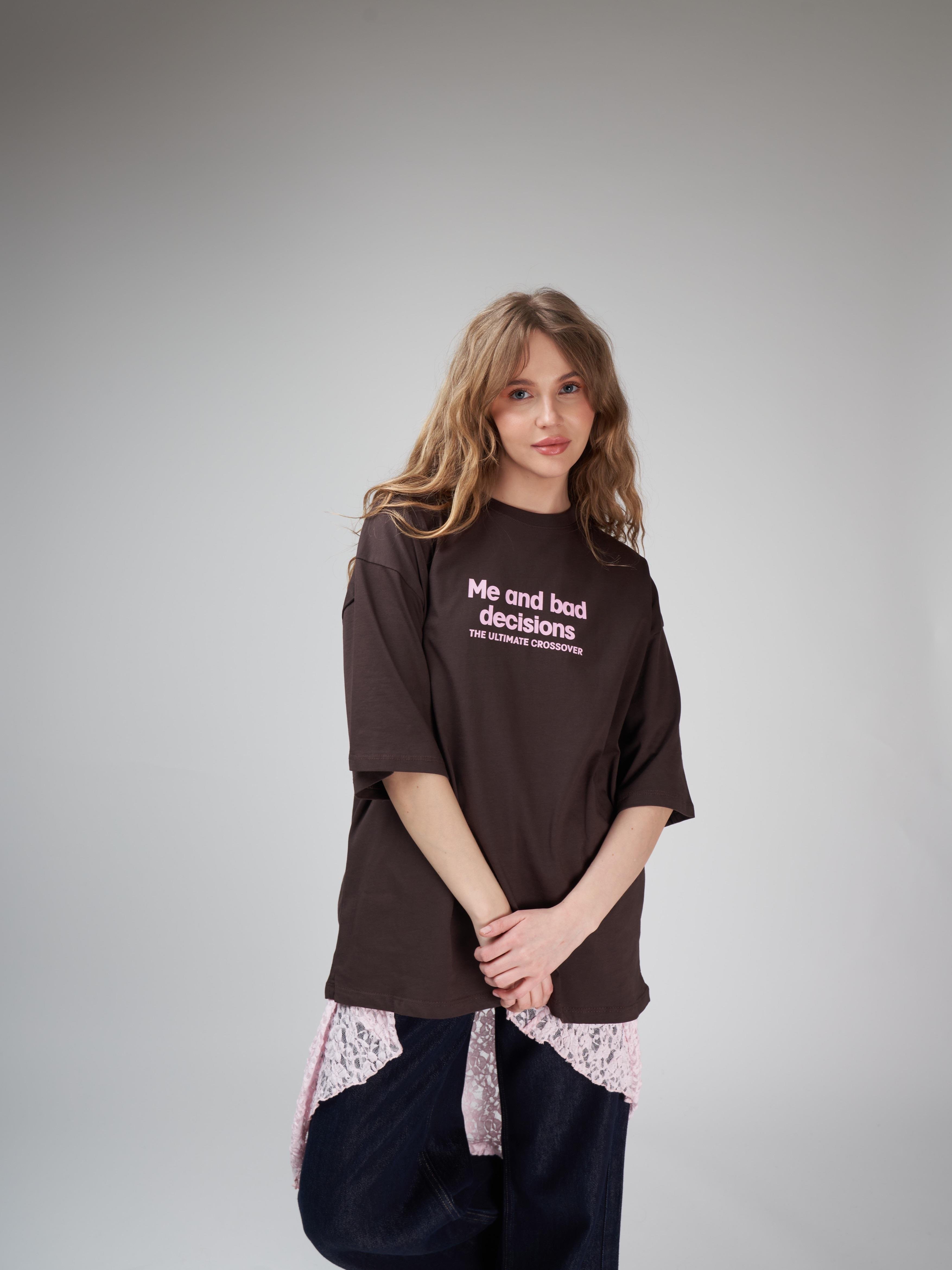 Baskılı Oversize Kısa Kol T-shirt Kahve