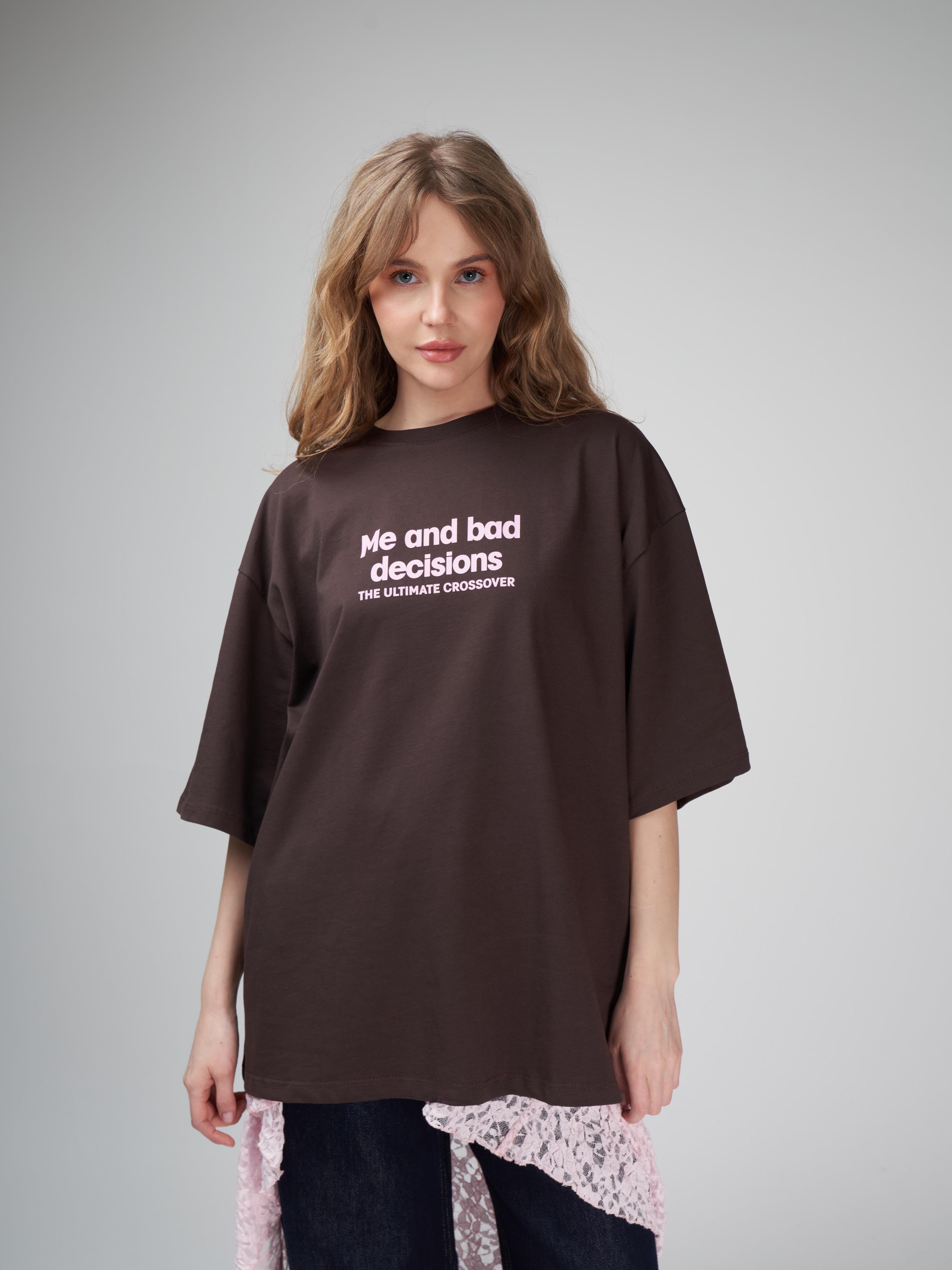 Baskılı Oversize Kısa Kol T-shirt Kahve