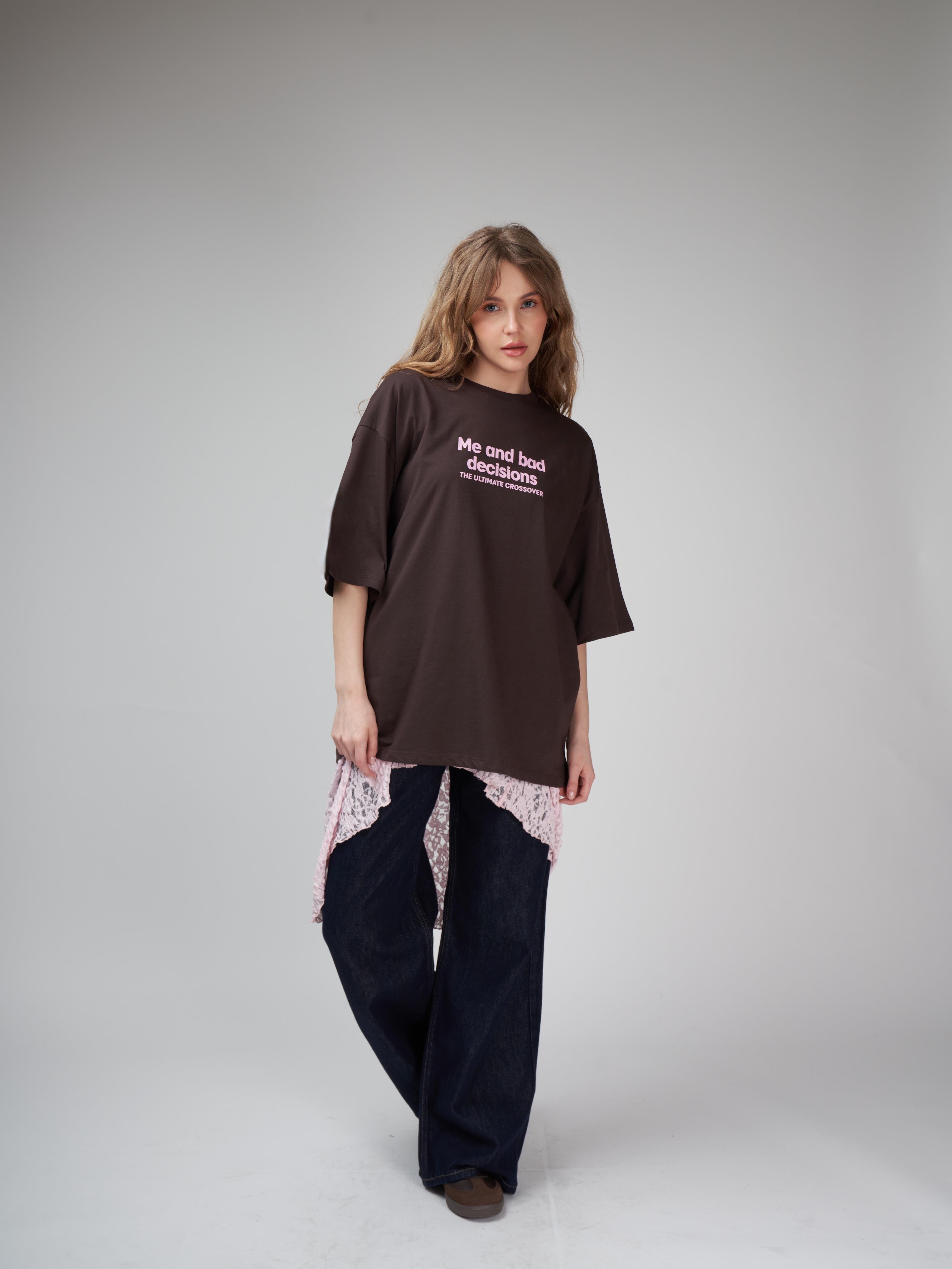 Baskılı Oversize Kısa Kol T-shirt Kahve