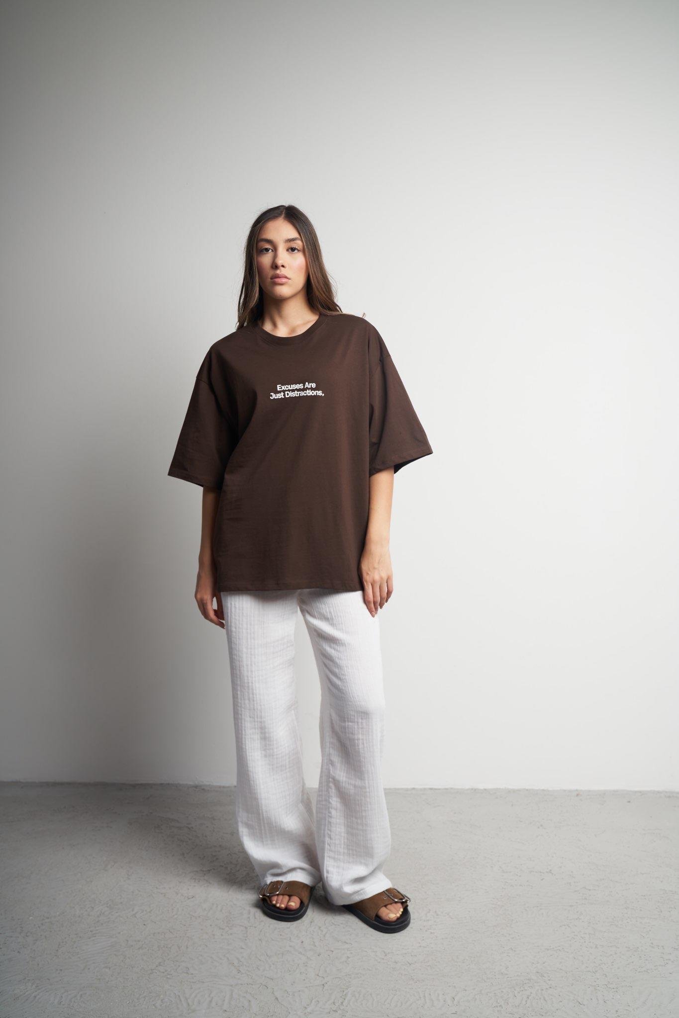 Baskılı Oversize Kısa Kol T-shirt Kahve