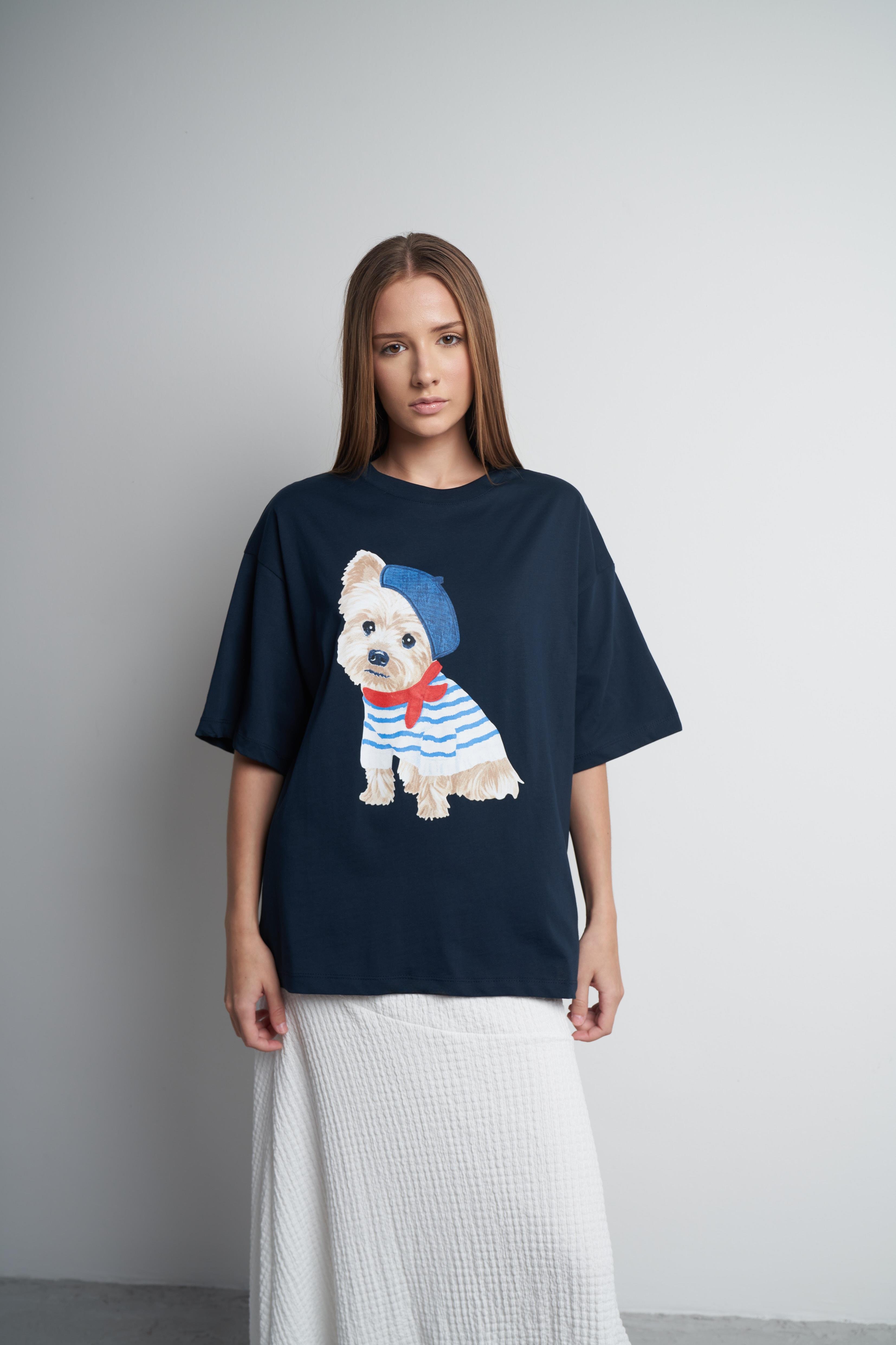 Baskılı Oversize Kısa Kol T-shirt Lacivert