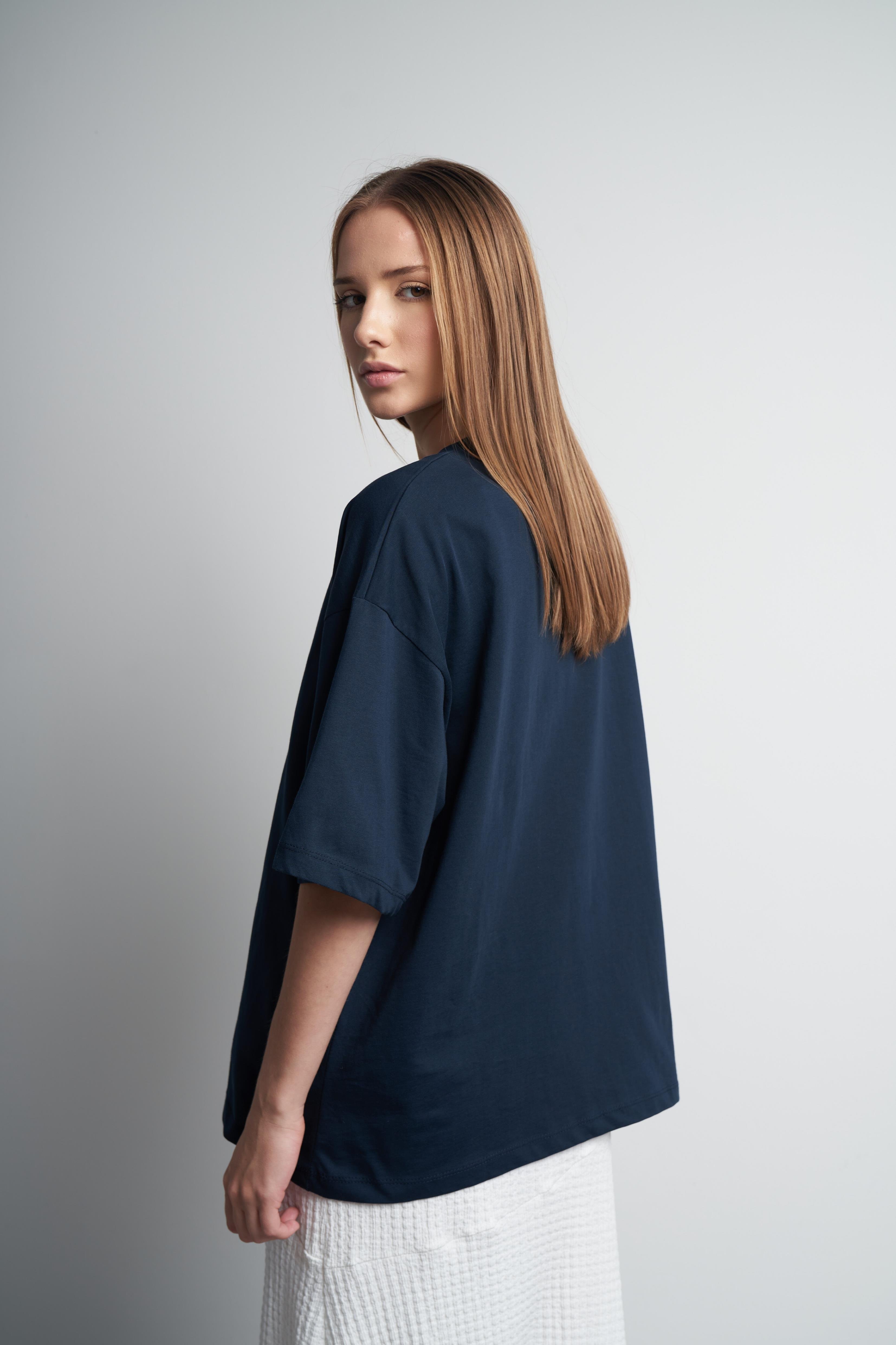 Baskılı Oversize Kısa Kol T-shirt Lacivert