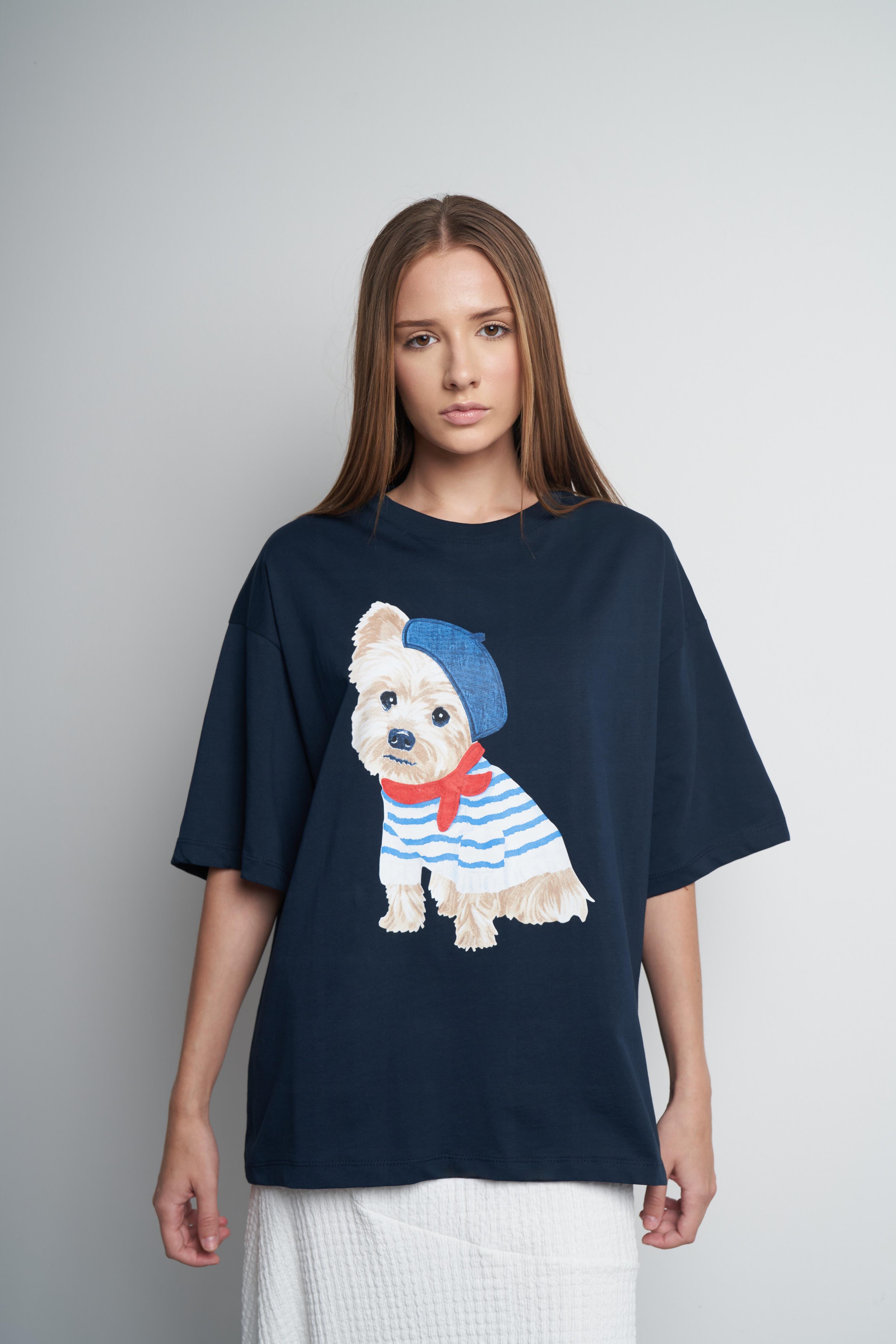 Baskılı Oversize Kısa Kol T-shirt Lacivert