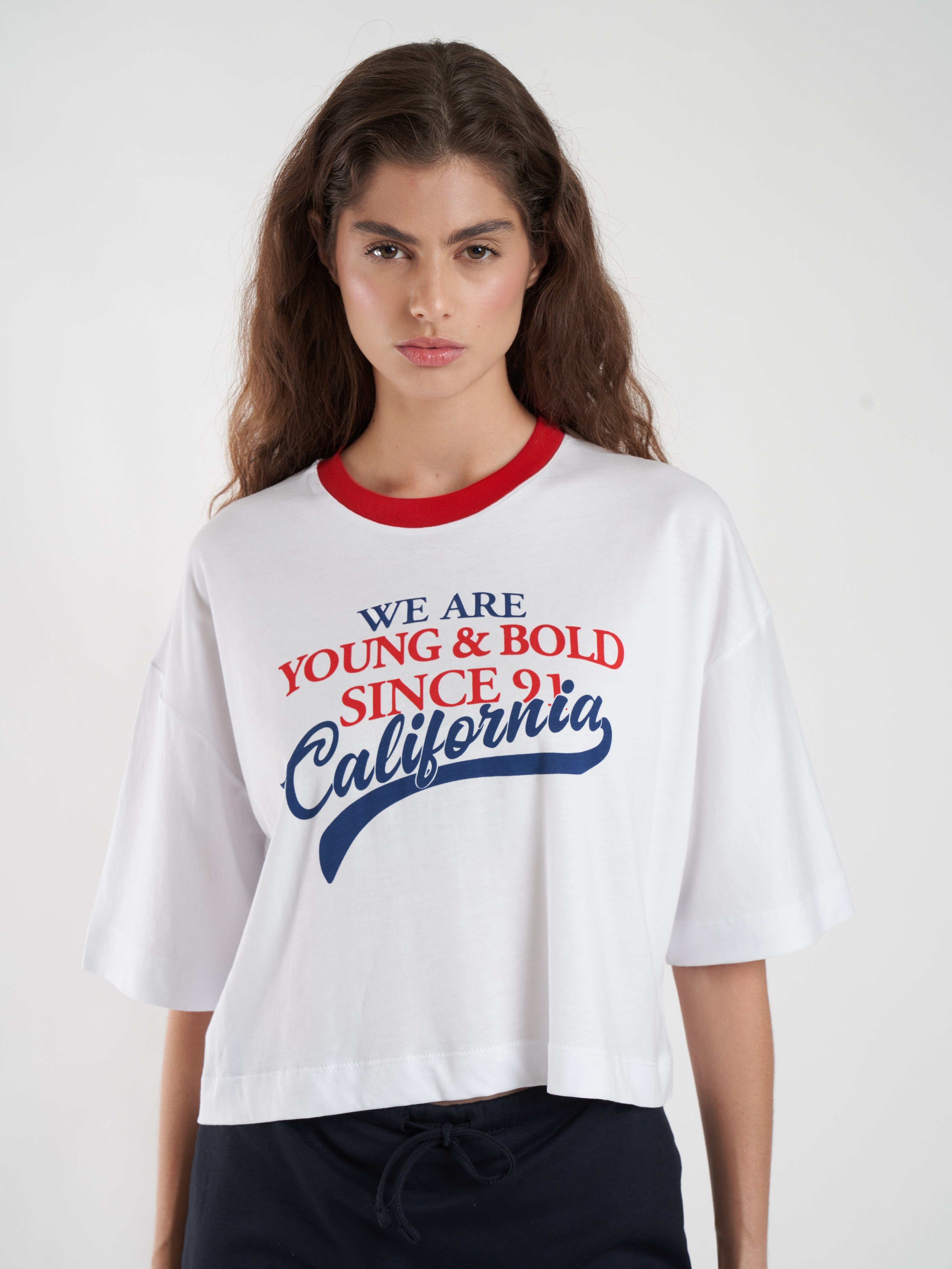 Baskılı Ribana Kısa Kol T-shirt Beyaz