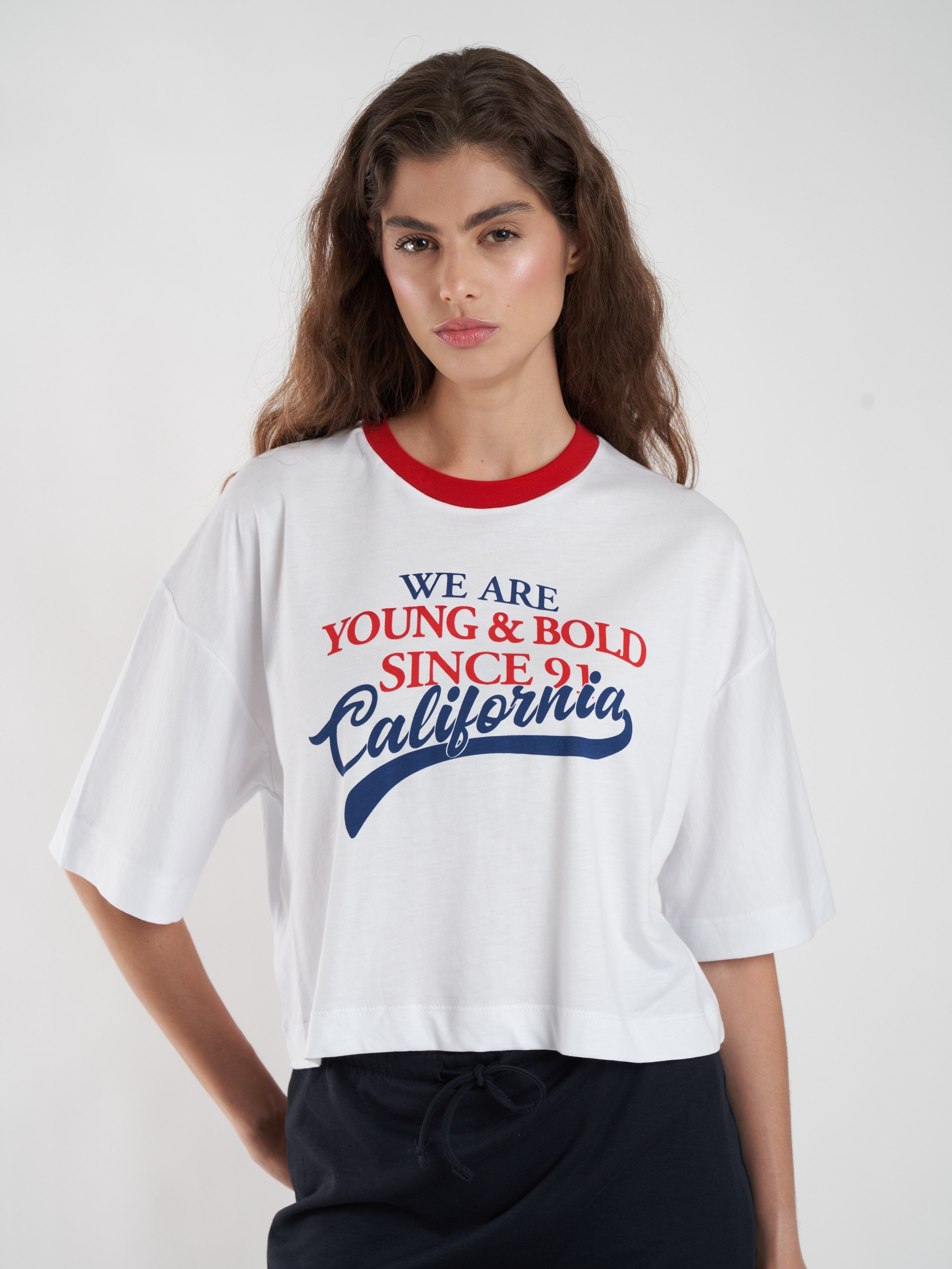 Baskılı Ribana Kısa Kol T-shirt Beyaz