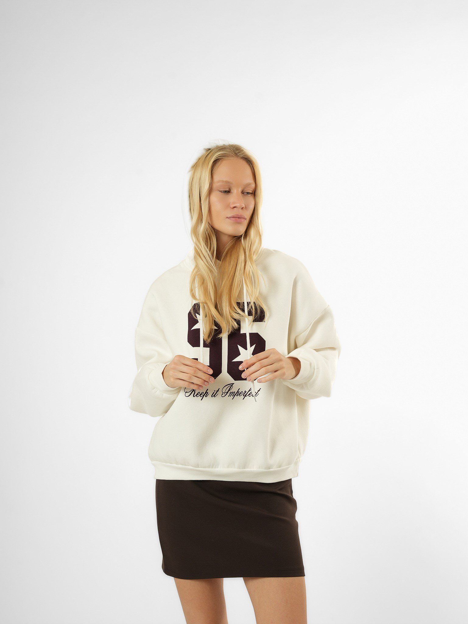 Baskılı Şardonlu Sweatshirt Ekru