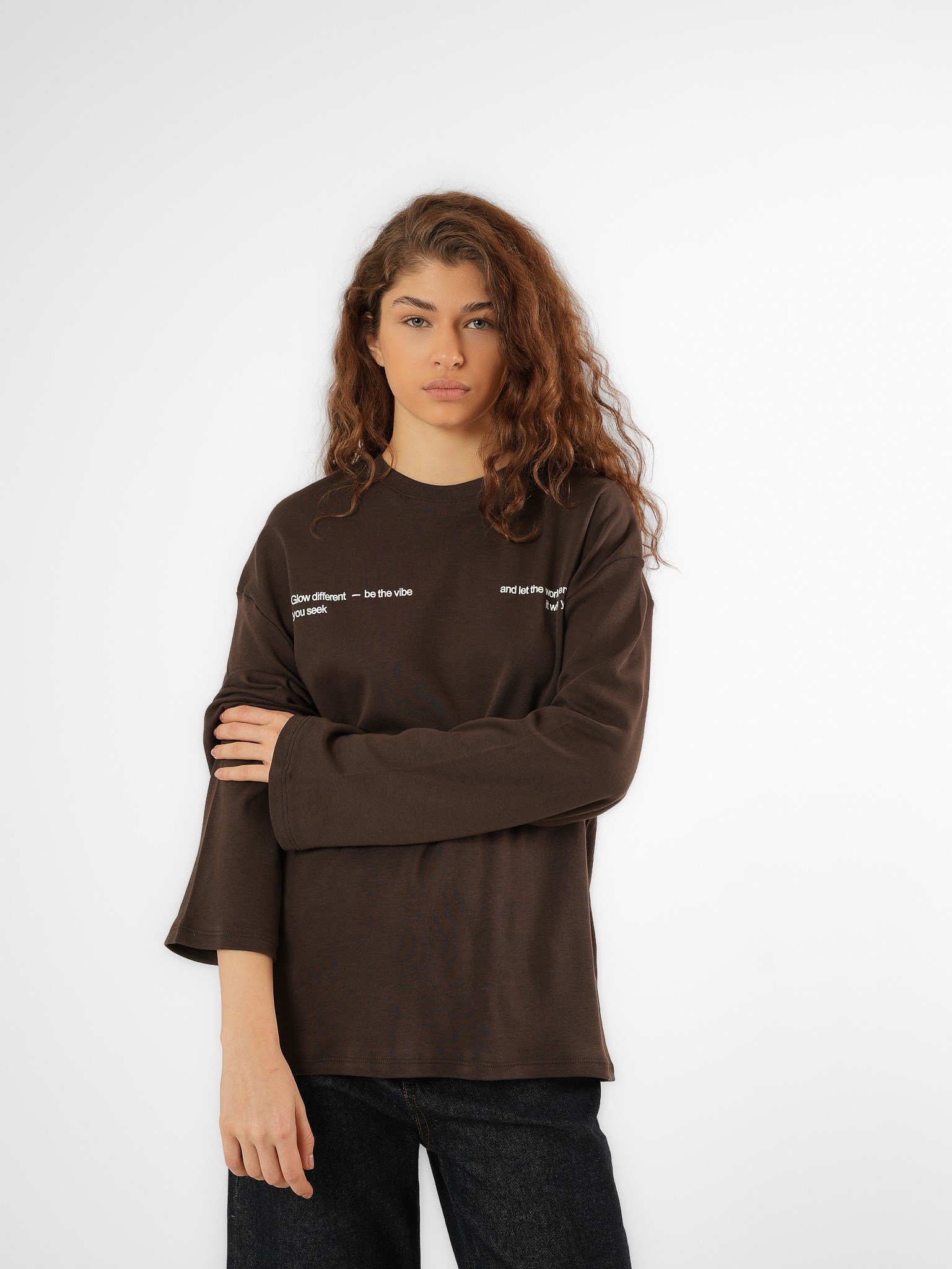 Baskılı Uzun Kol T-shirt Acı Kahve