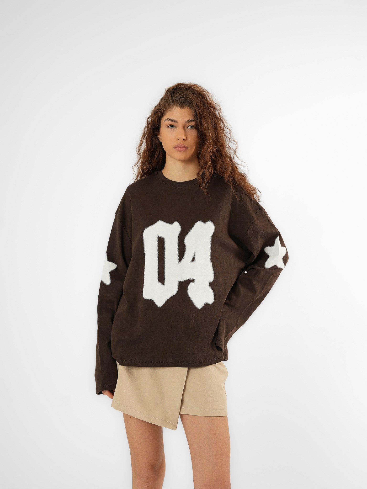 Baskılı Uzun Kol T-shirt Acı Kahve