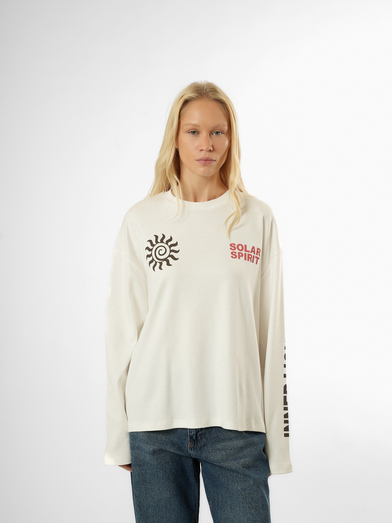 Baskılı Uzun Kol T-shirt Ekru