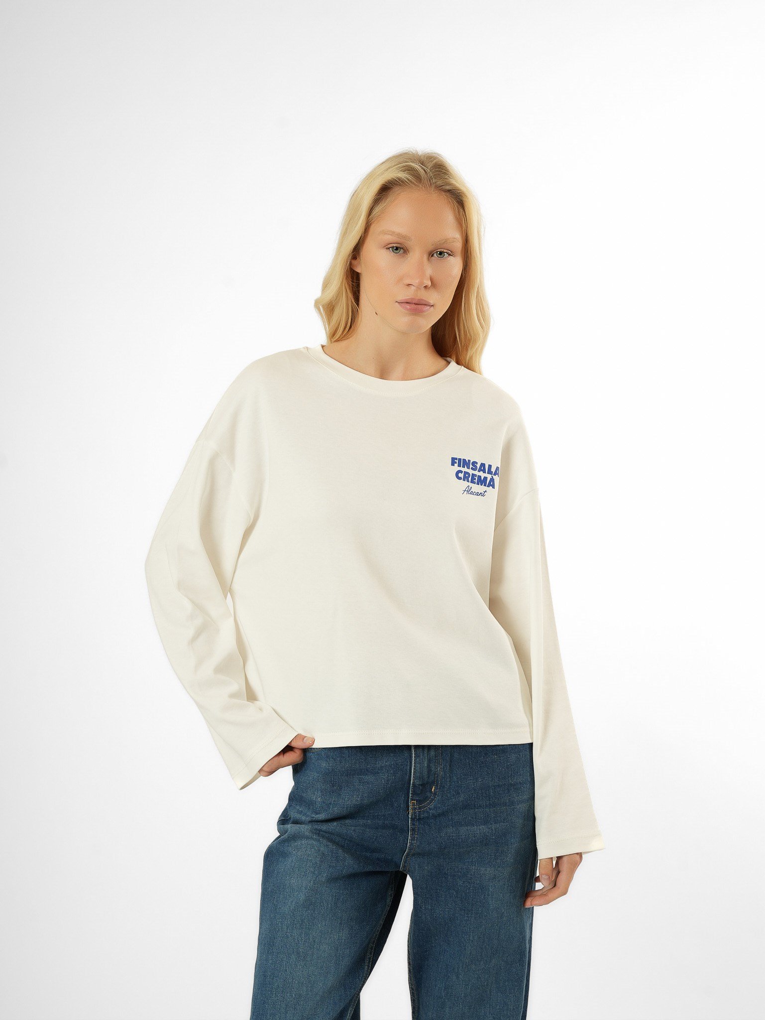 Baskılı Uzun Kol T-shirt Ekru