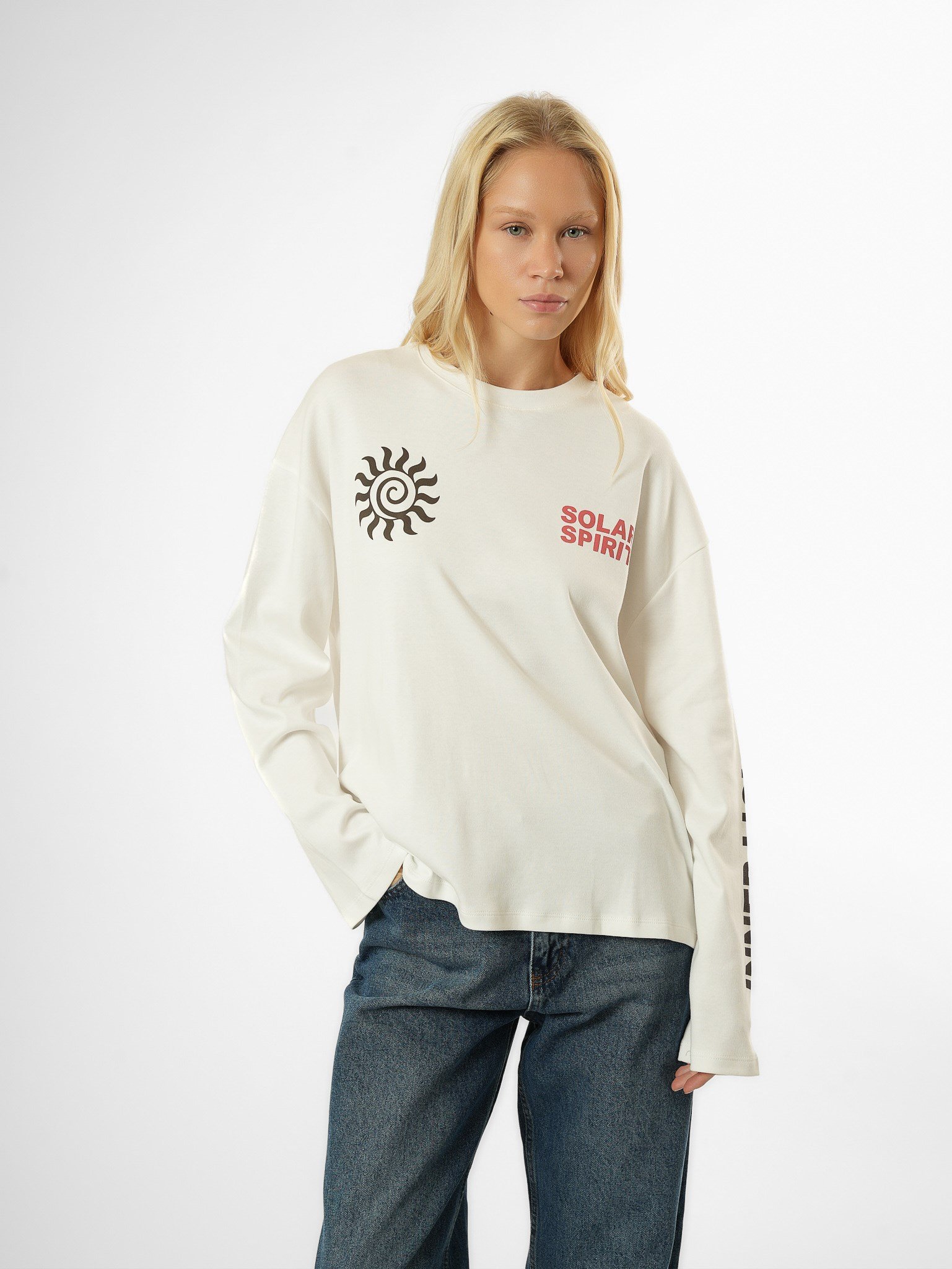 Baskılı Uzun Kol T-shirt Ekru