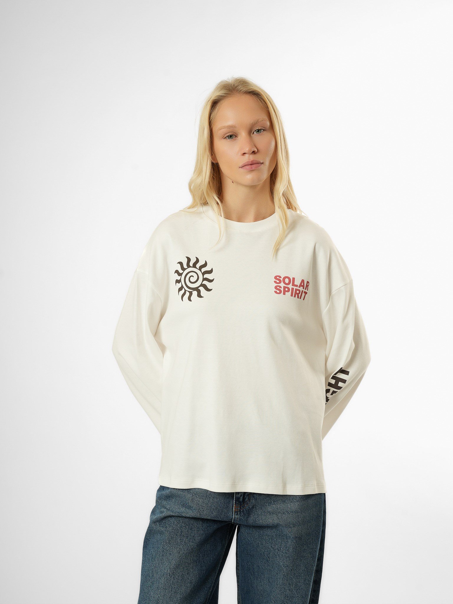 Baskılı Uzun Kol T-shirt Ekru