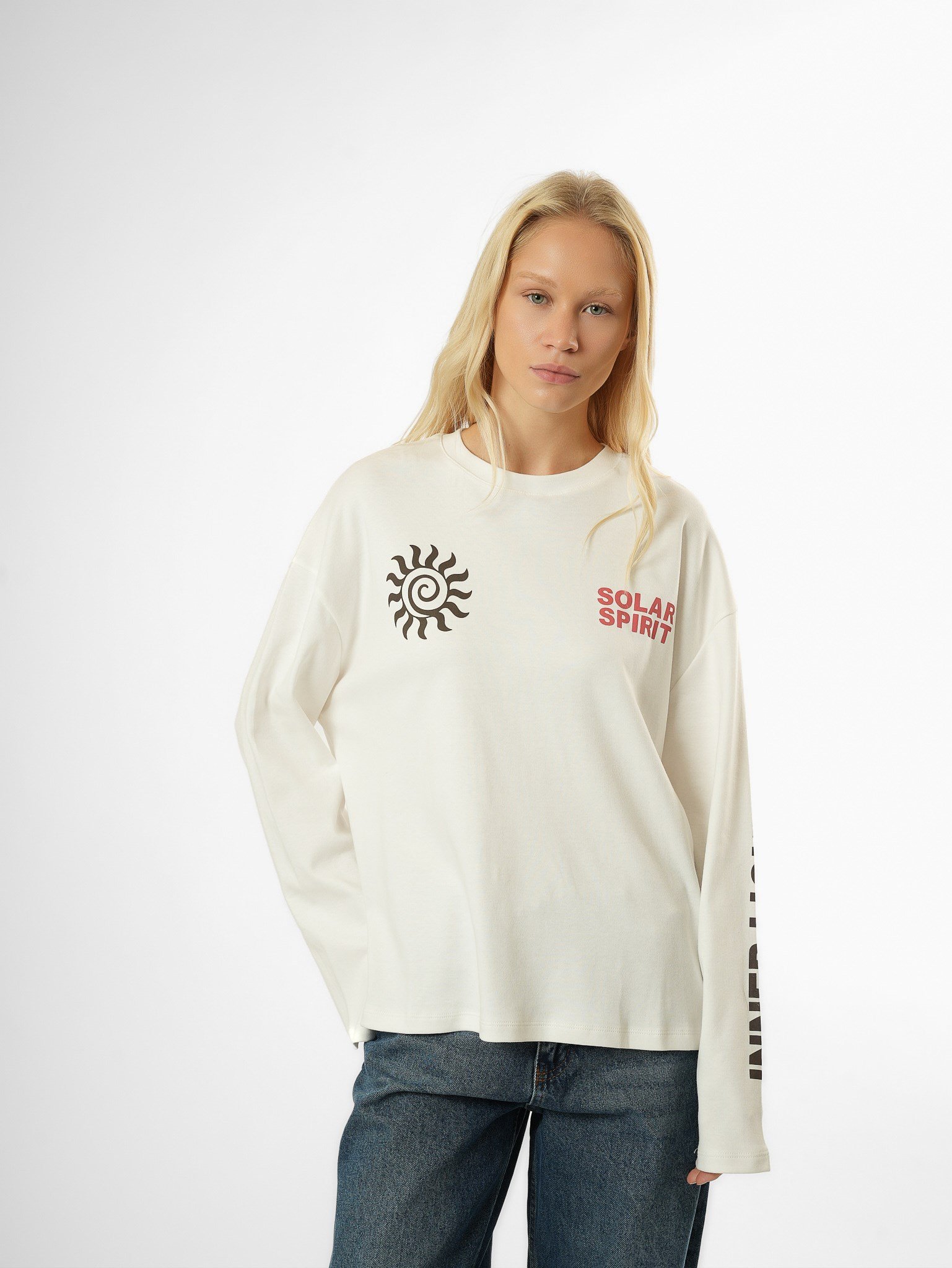 Baskılı Uzun Kol T-shirt Ekru