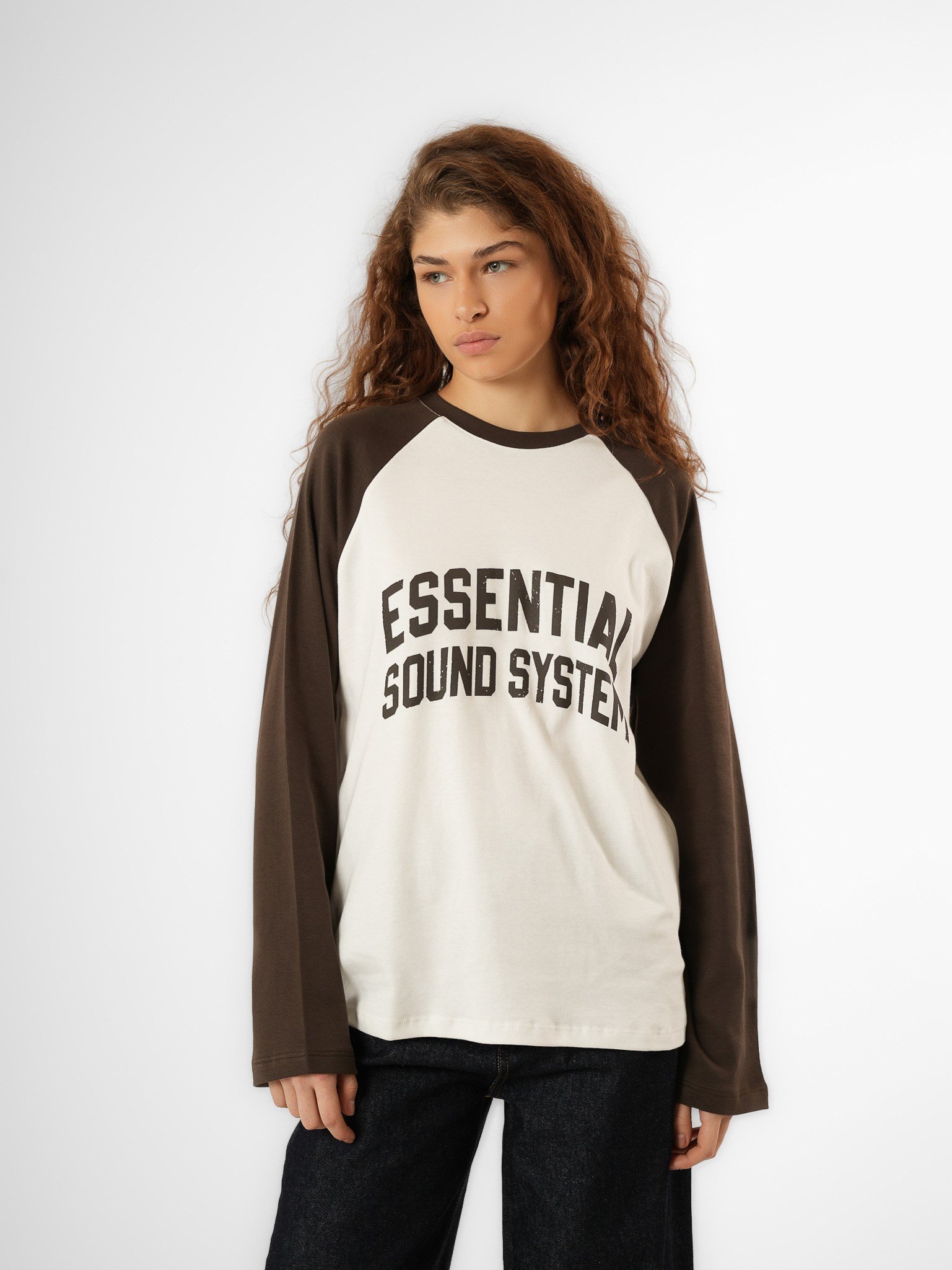 Baskılı Uzun Kol T-shirt Ekru-Acı Kahve