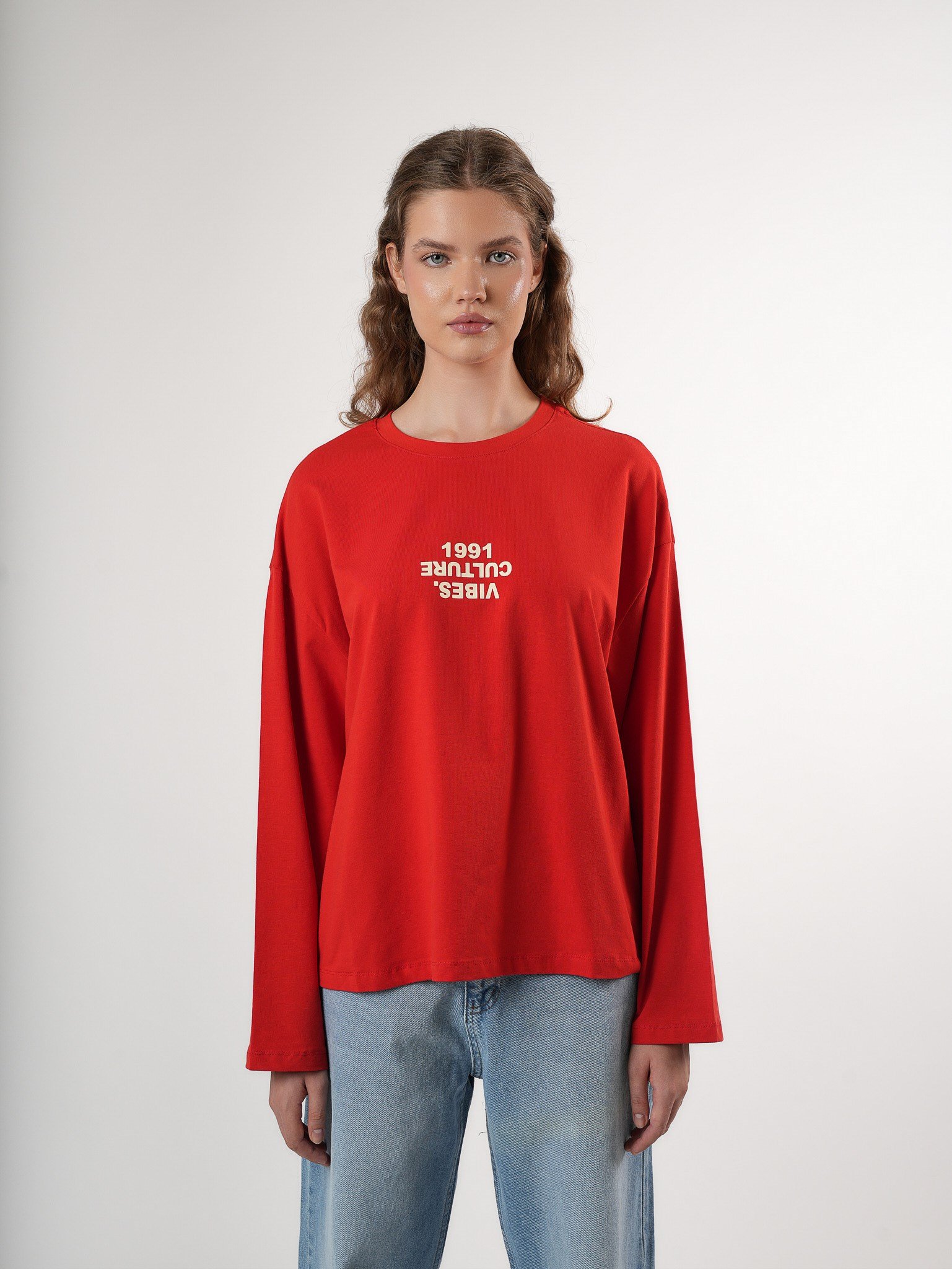 Baskılı Uzun Kol T-shirt Kırmızı