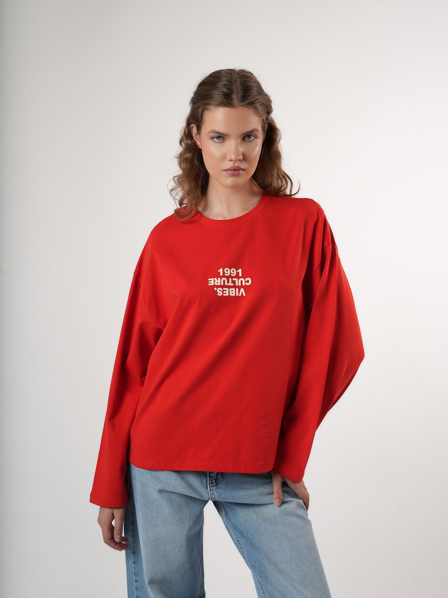 Baskılı Uzun Kol T-shirt Kırmızı