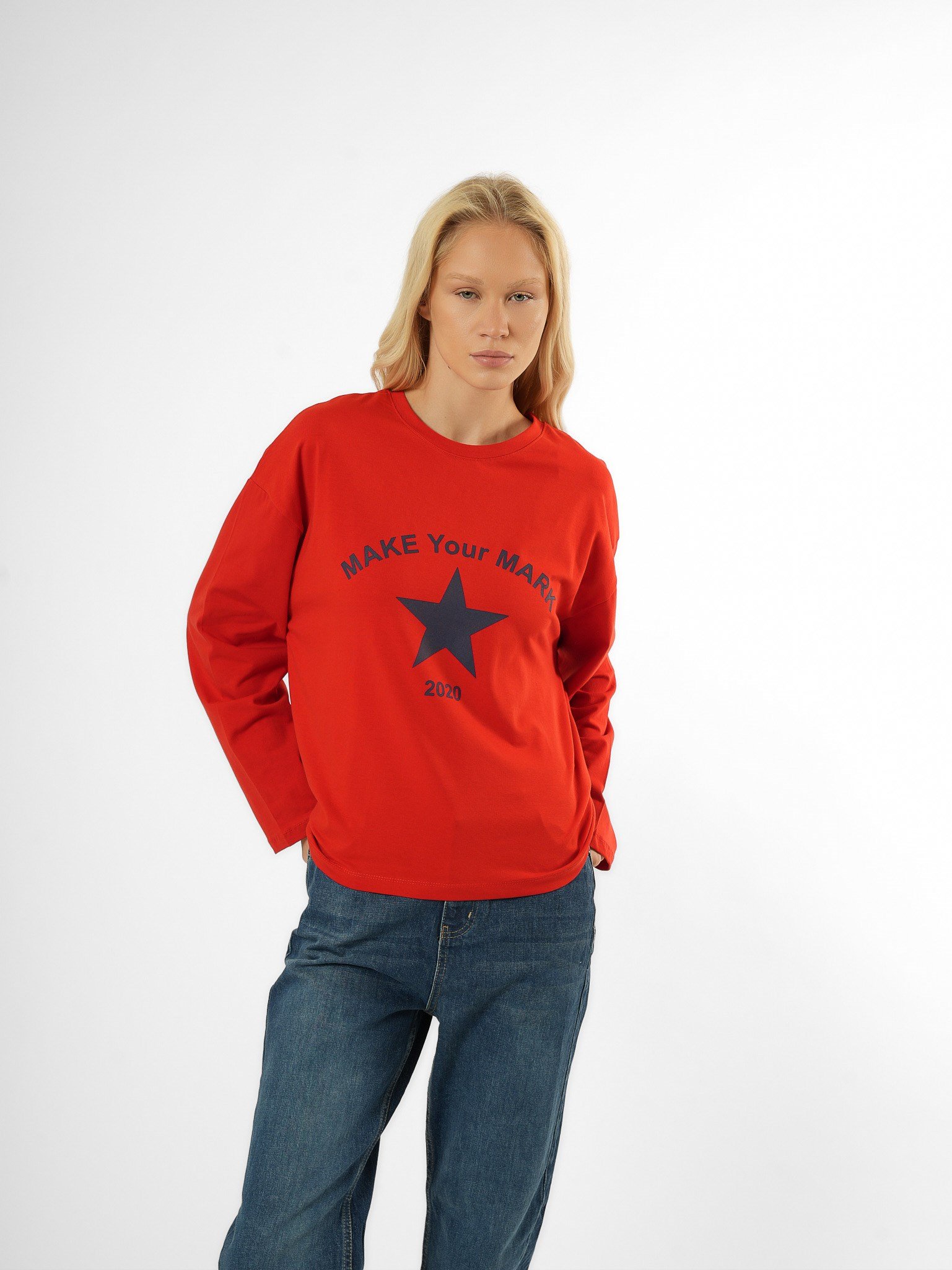 Baskılı Uzun Kol T-shirt Kırmızı