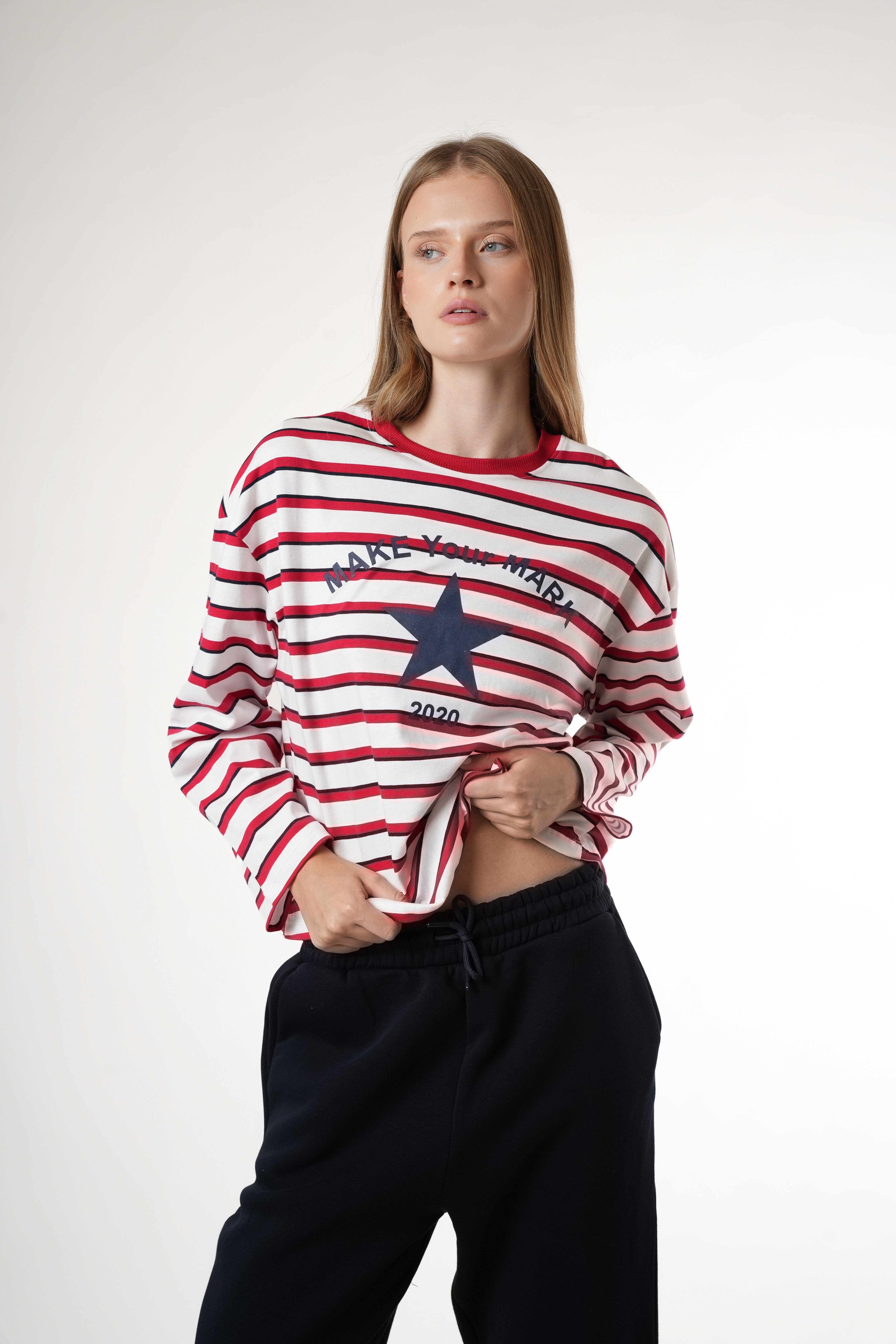 Baskılı Uzun Kol T-shirt Kırmızı-Beyaz