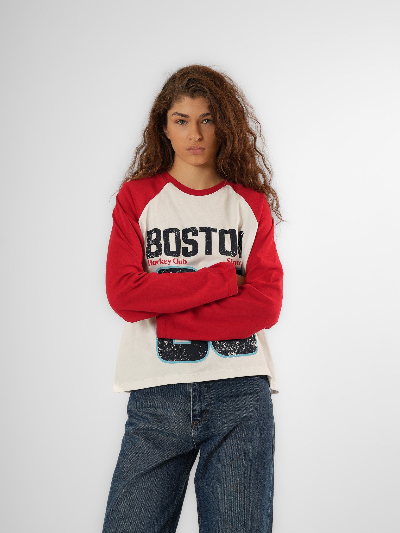 Baskılı Uzun Kol T-shirt Kırmızı-Ekru