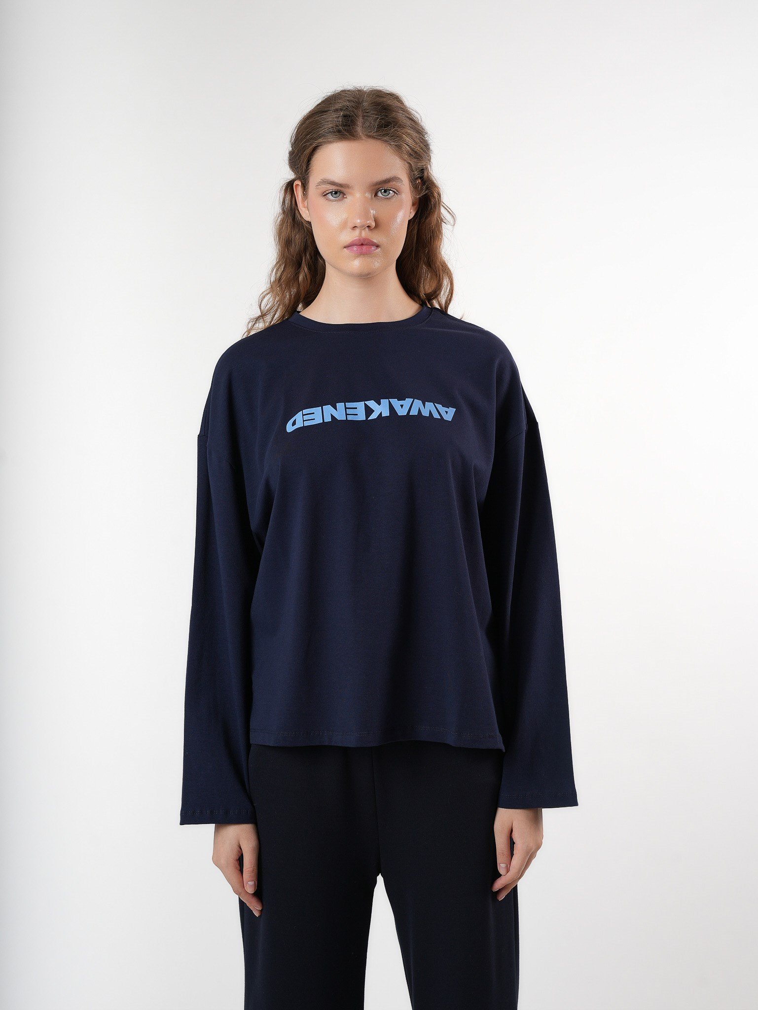 Baskılı Uzun Kol T-shirt Lacivert