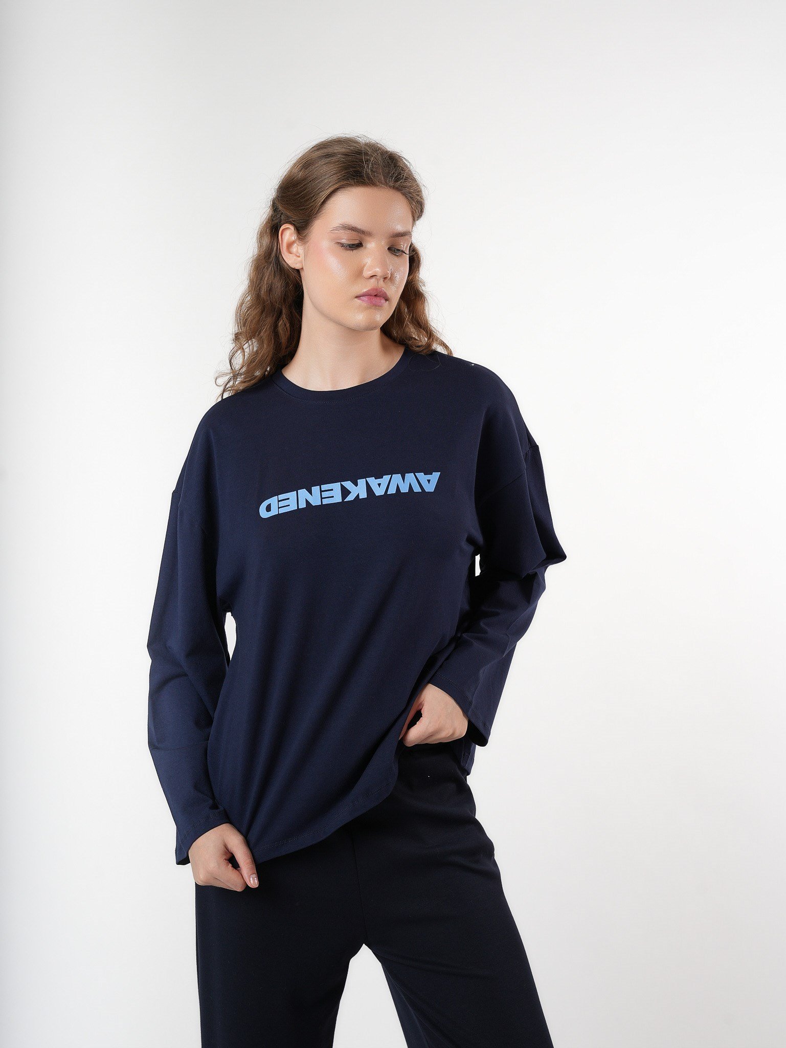 Baskılı Uzun Kol T-shirt Lacivert