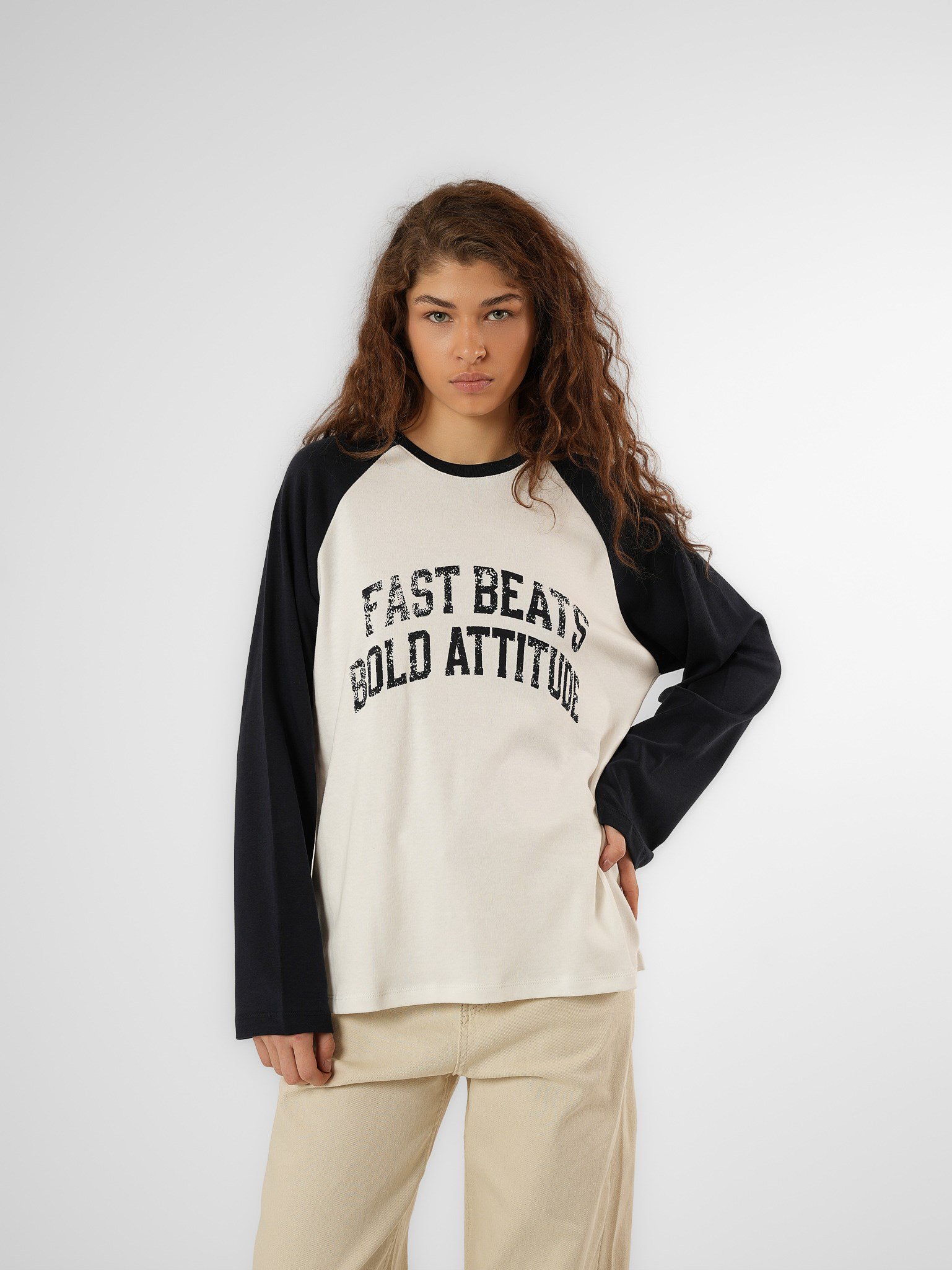 Baskılı Uzun Kol T-shirt Lacivert-Ekru