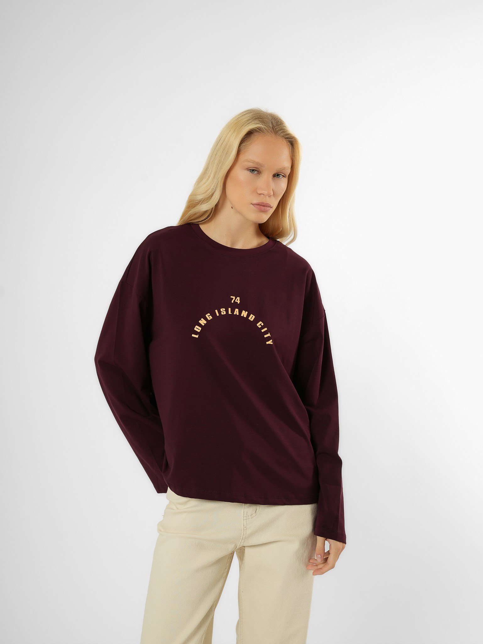 Baskılı Uzun Kol T-shirt Mürdüm