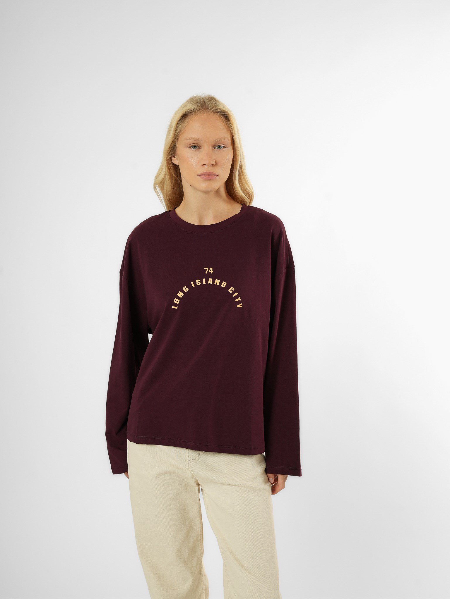 Baskılı Uzun Kol T-shirt Mürdüm
