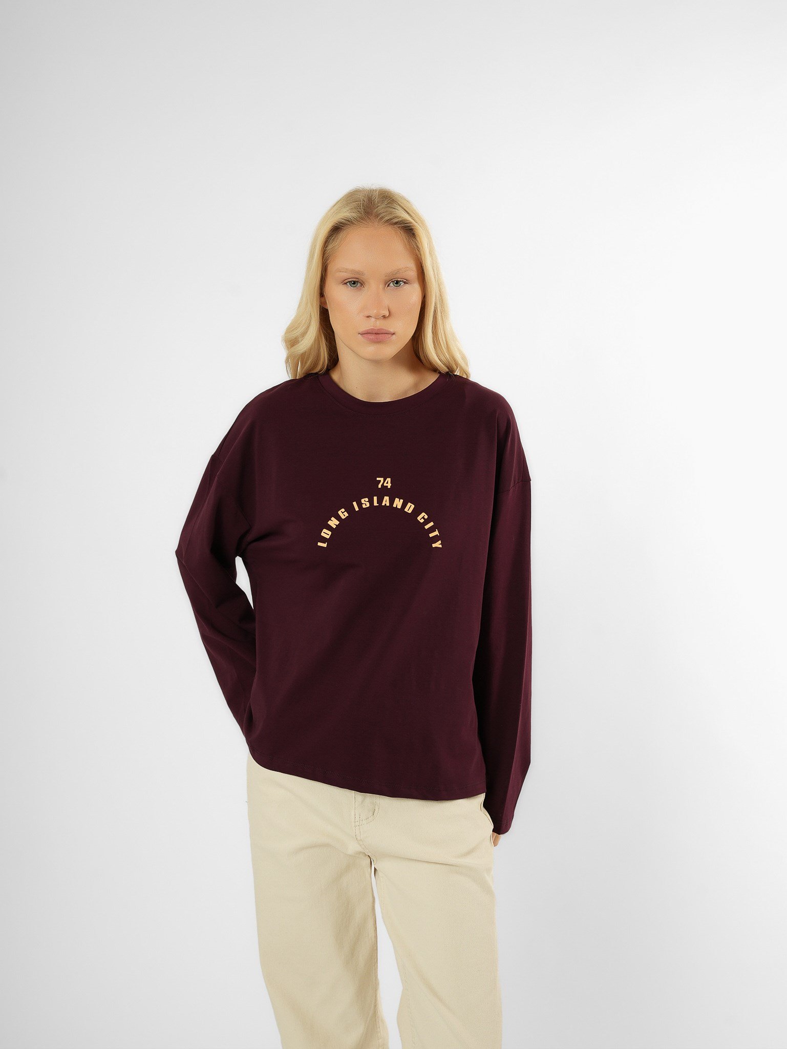 Baskılı Uzun Kol T-shirt Mürdüm