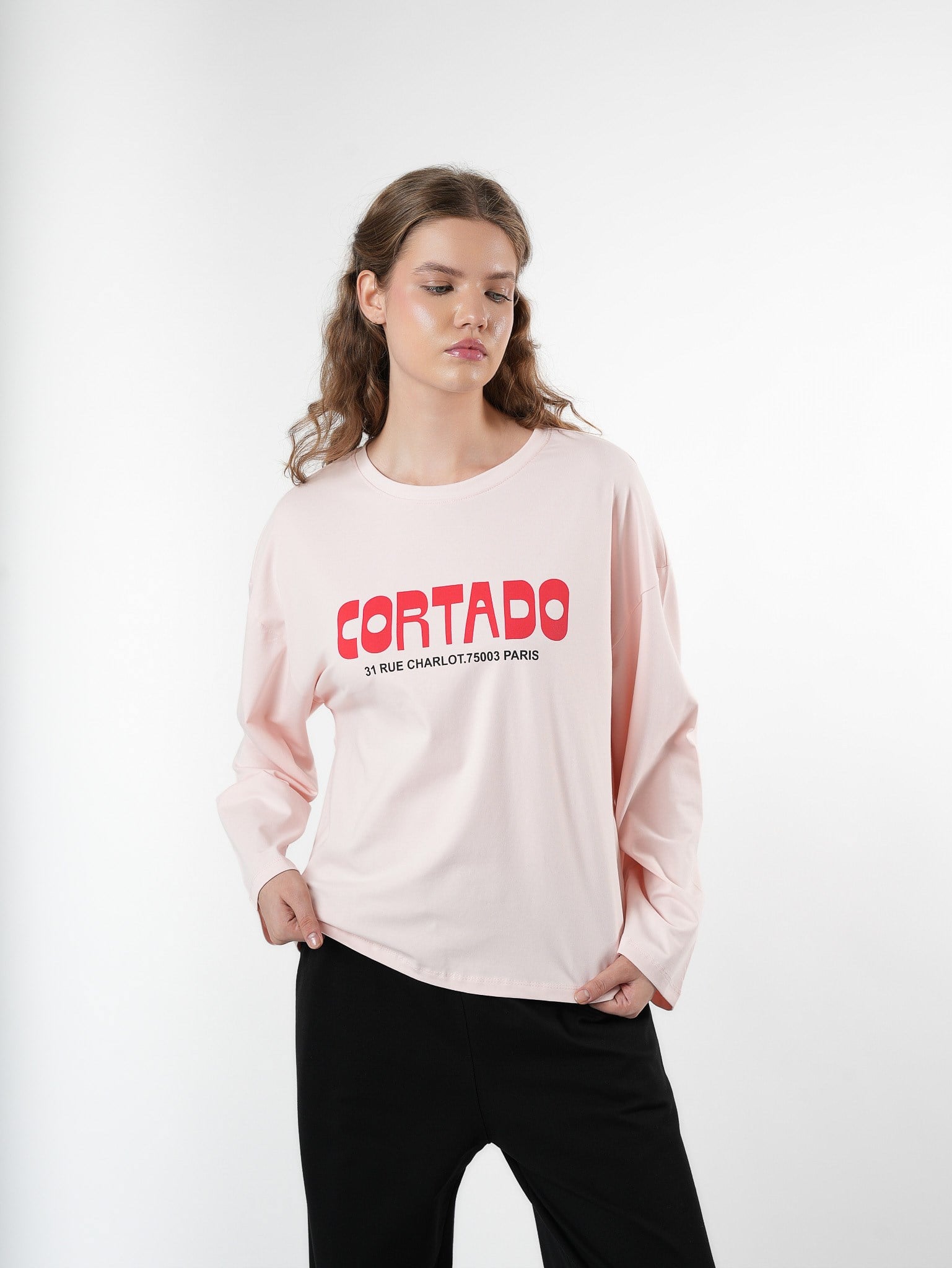 Baskılı Uzun Kol T-shirt Pembe