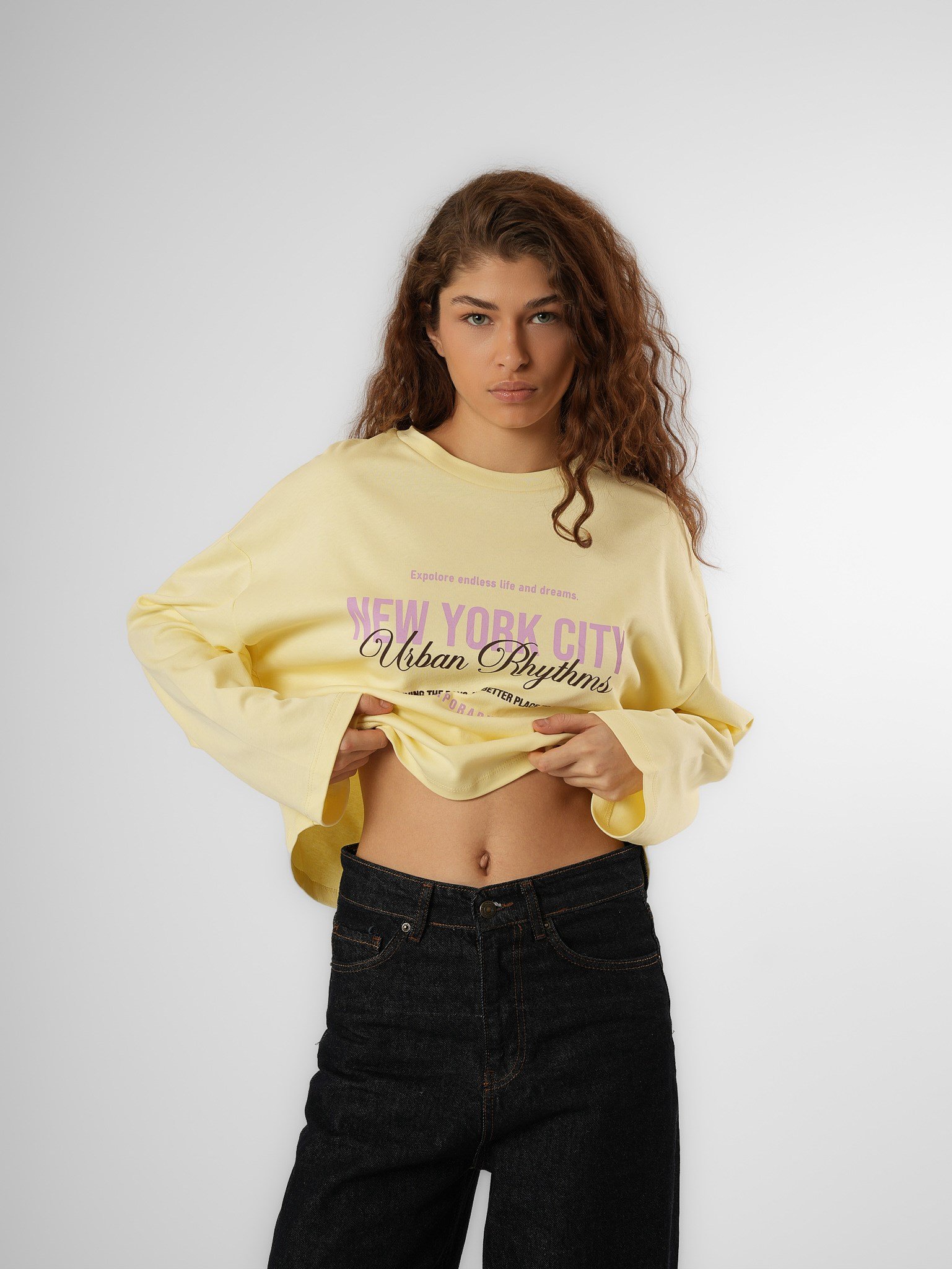 Baskılı Uzun Kol T-shirt Sarı